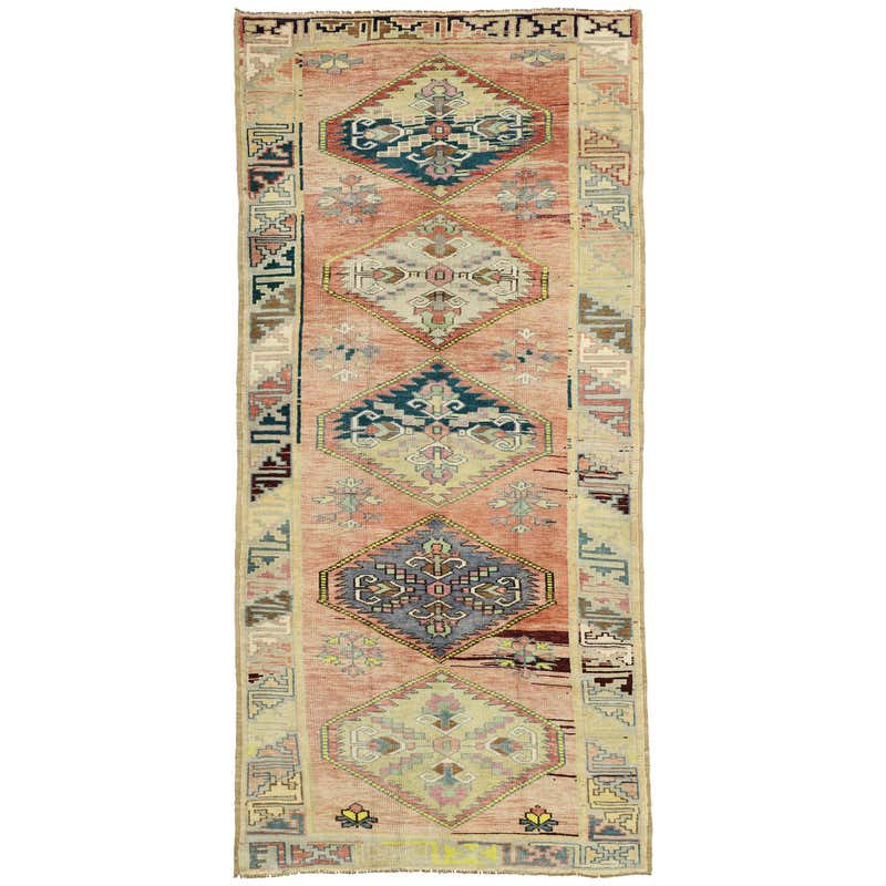 Vintage Turkish Oushak Gallery Rug, Wide Hallway Runner For Sale at 1stDibs