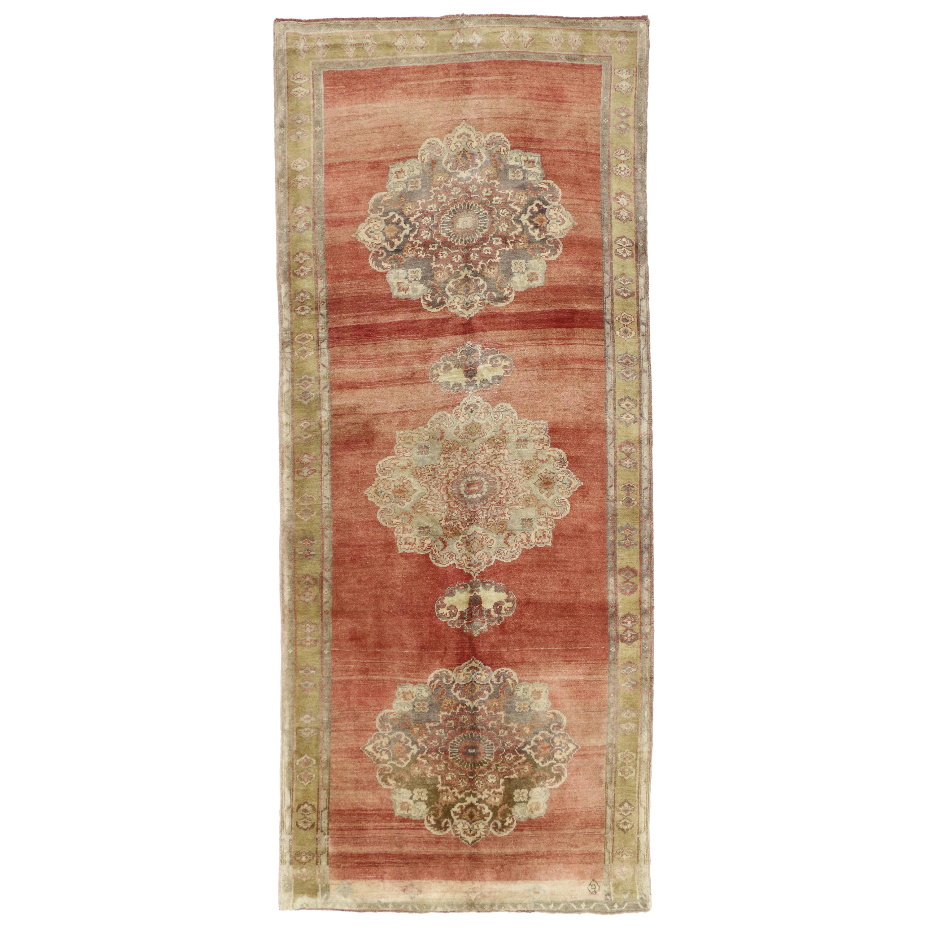 Vintage Turkish Oushak Gallery Rug, Wide Hallway Runner For Sale at 1stDibs
