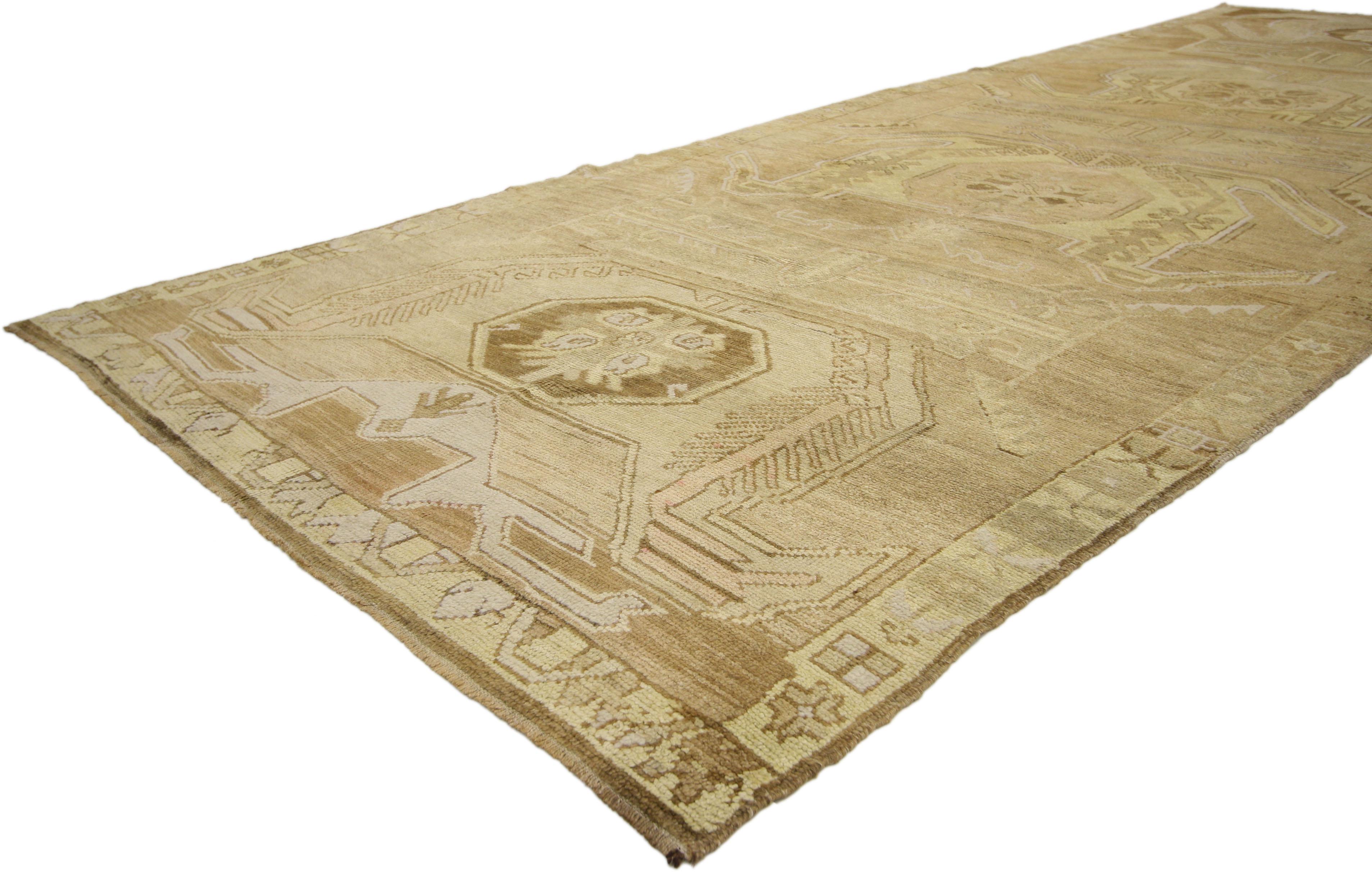 50585 Vintage Neutral Turkish Oushak Rug, 05'02 x 14'08. Immersed in classic Anatolian tradition and crafted with meticulous artisanal skill, antique-washed Turkish Oushak rugs originate from the revered Oushak region, where they undergo a