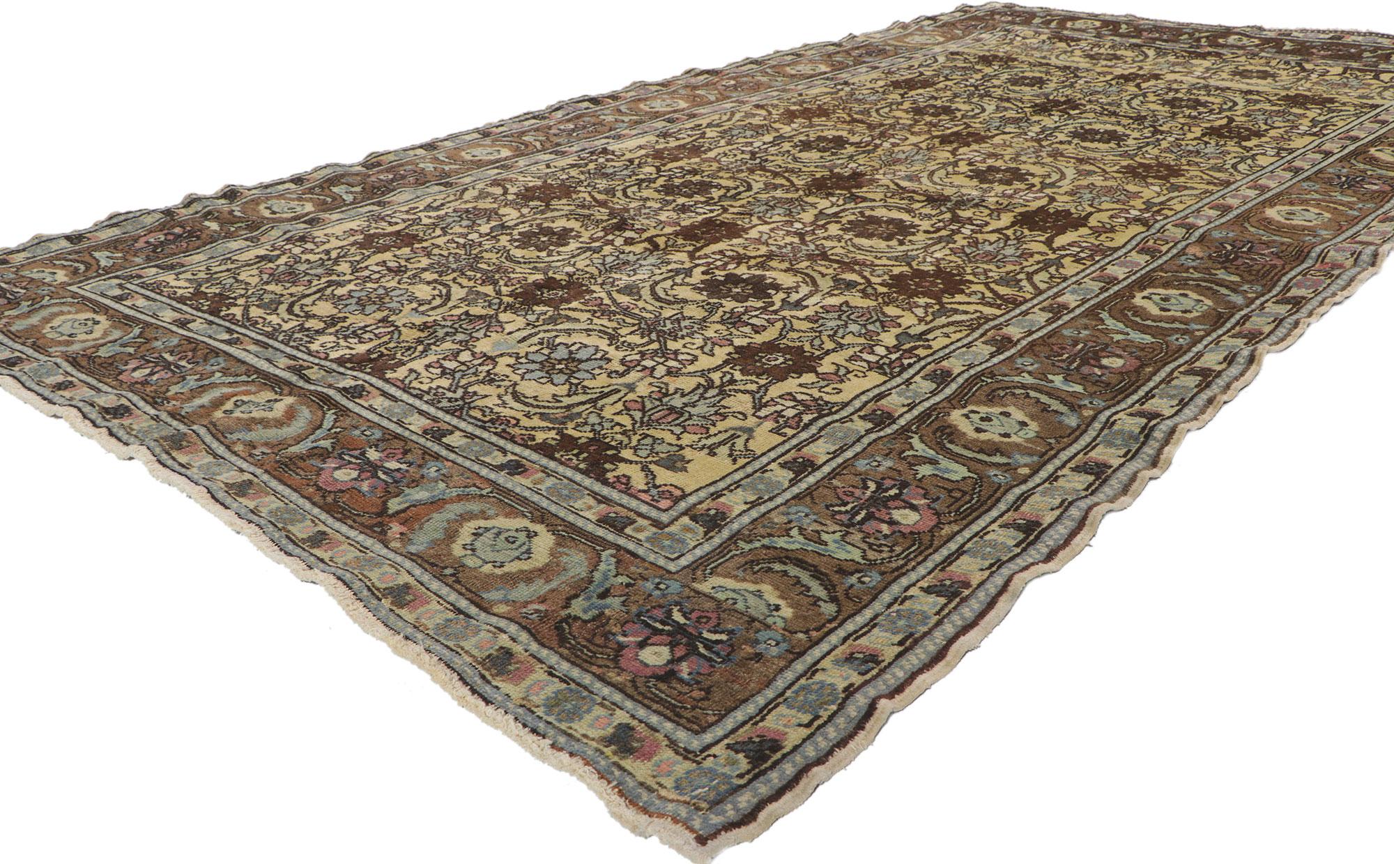 50215 Vintage Turkish Oushak Gallery Rug with all-over Herati design 05'03 x 09'07. This Oushak rug features lush light blue palmettes amidst a labyrinth of vines on a field of creamy-beige. Dark chocolate brown colored lotus rests among leaves and