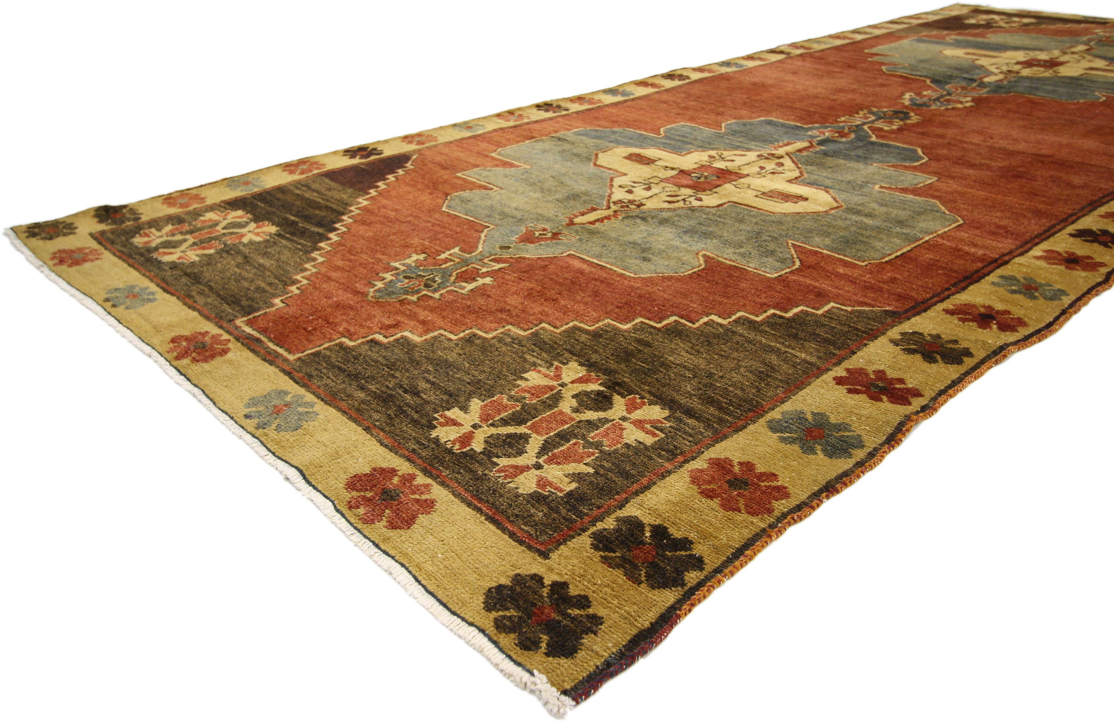 50460, vintage Turkish Oushak Gallery rug with Art Deco and Mid-Century Modern style, wide Hallway runner. With its bold geometric pattern and angular designs, this hand knotted wool vintage Turkish Oushak runner embodies Art Deco and Mid-Century