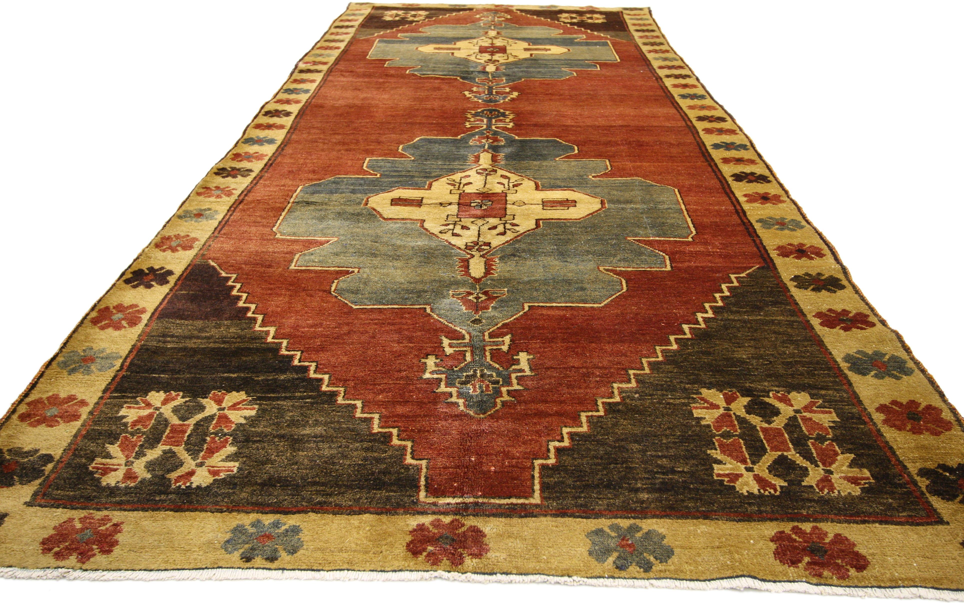 Hand-Knotted Vintage Turkish Oushak Gallery Rug with Art Deco and Mid-Century Modern Style