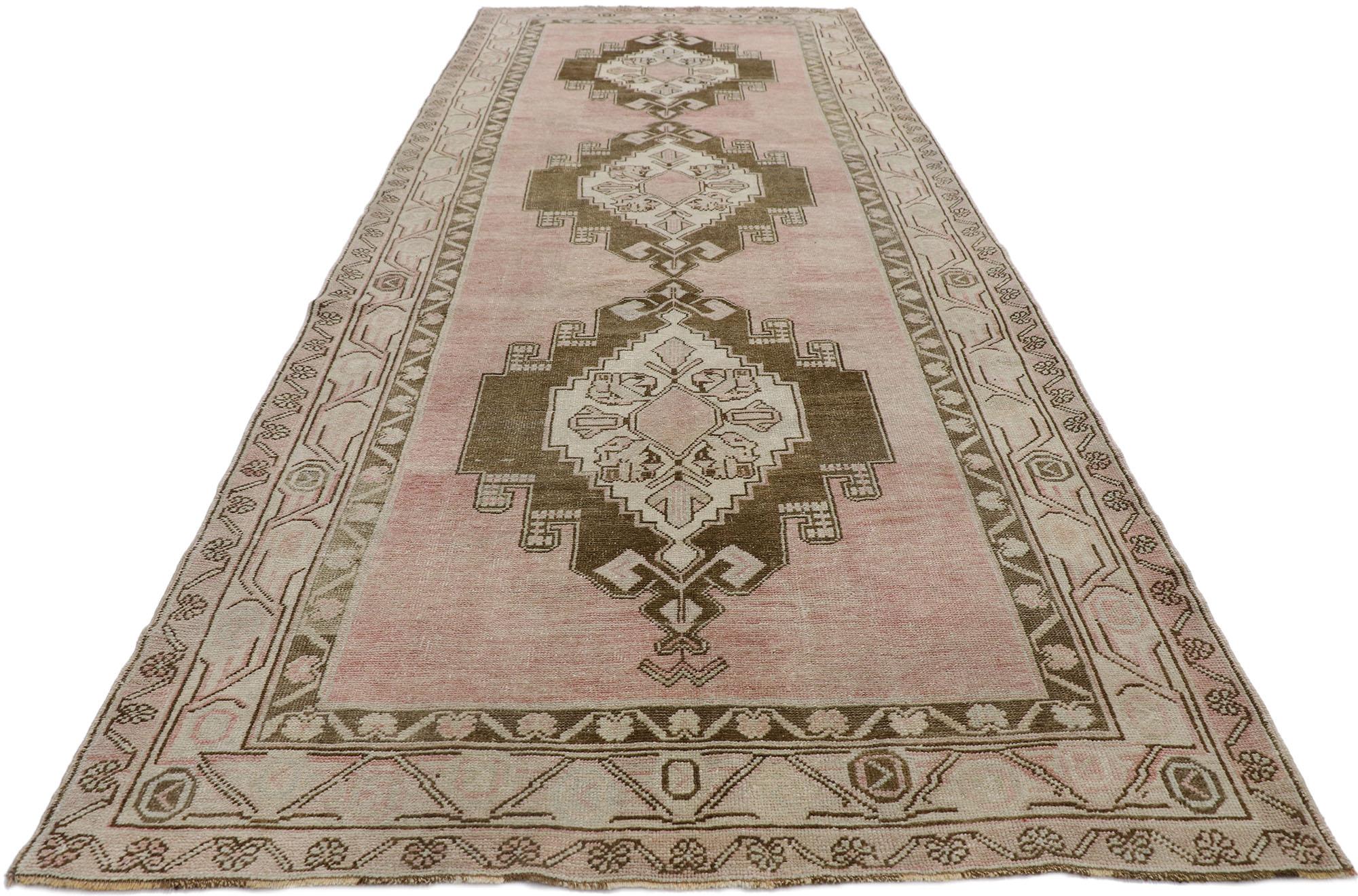 Bohemian Vintage Turkish Oushak Gallery Rug with Boho Chic Tribal Style For Sale
