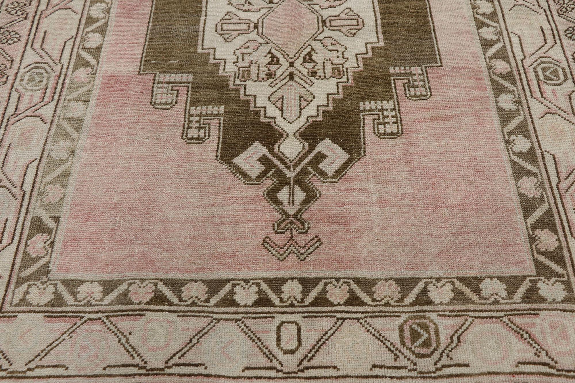 Hand-Knotted Vintage Turkish Oushak Gallery Rug with Boho Chic Tribal Style For Sale