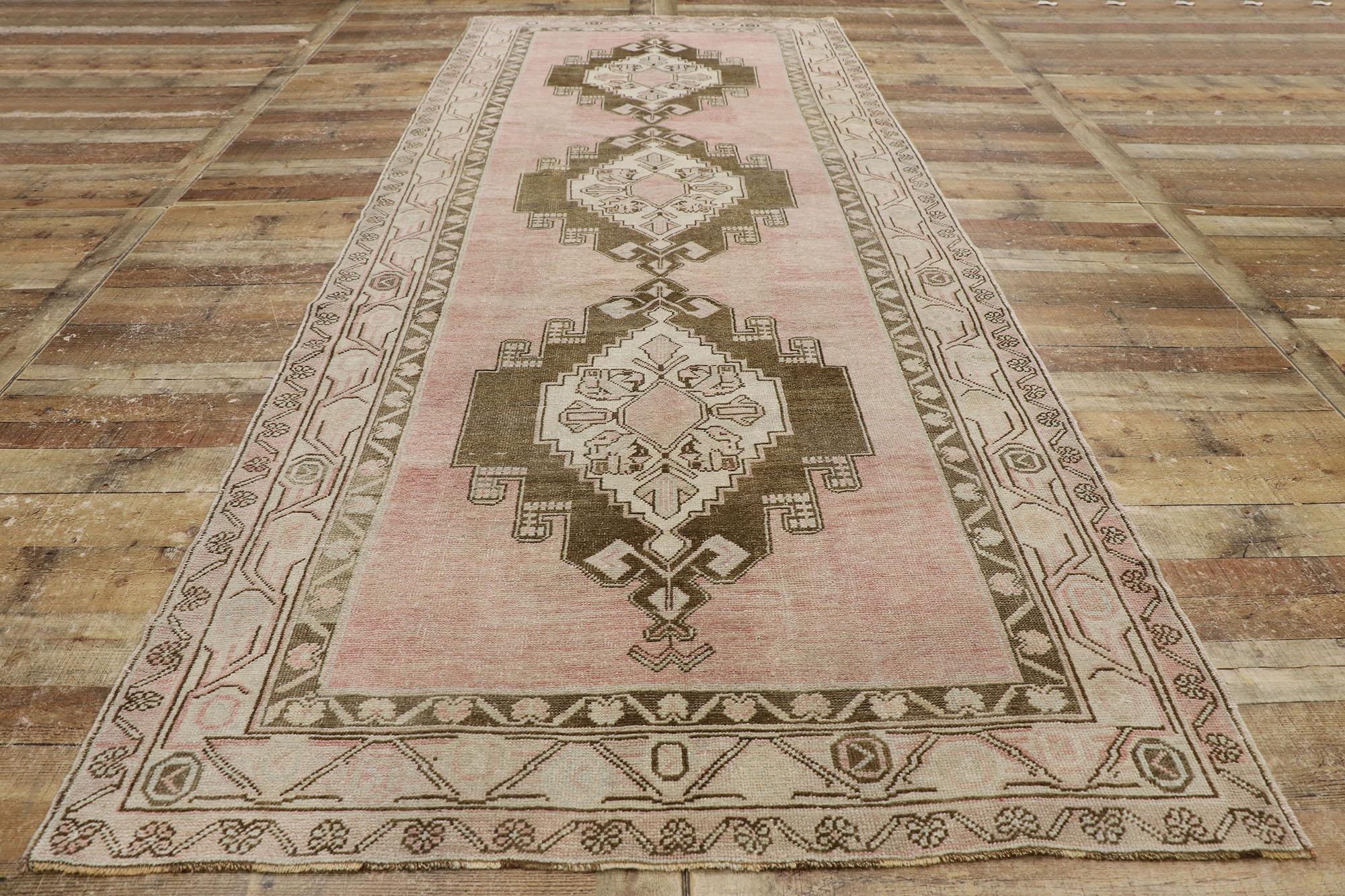 Wool Vintage Turkish Oushak Gallery Rug with Boho Chic Tribal Style For Sale