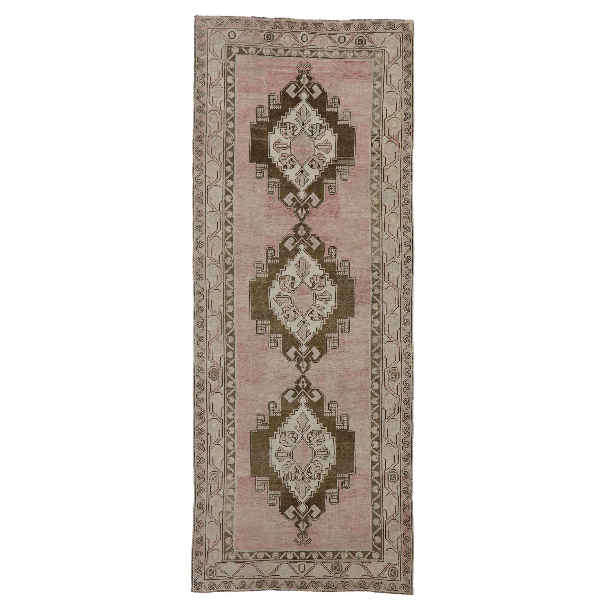Vintage Turkish Oushak Gallery Rug with Boho Chic Tribal Style For Sale