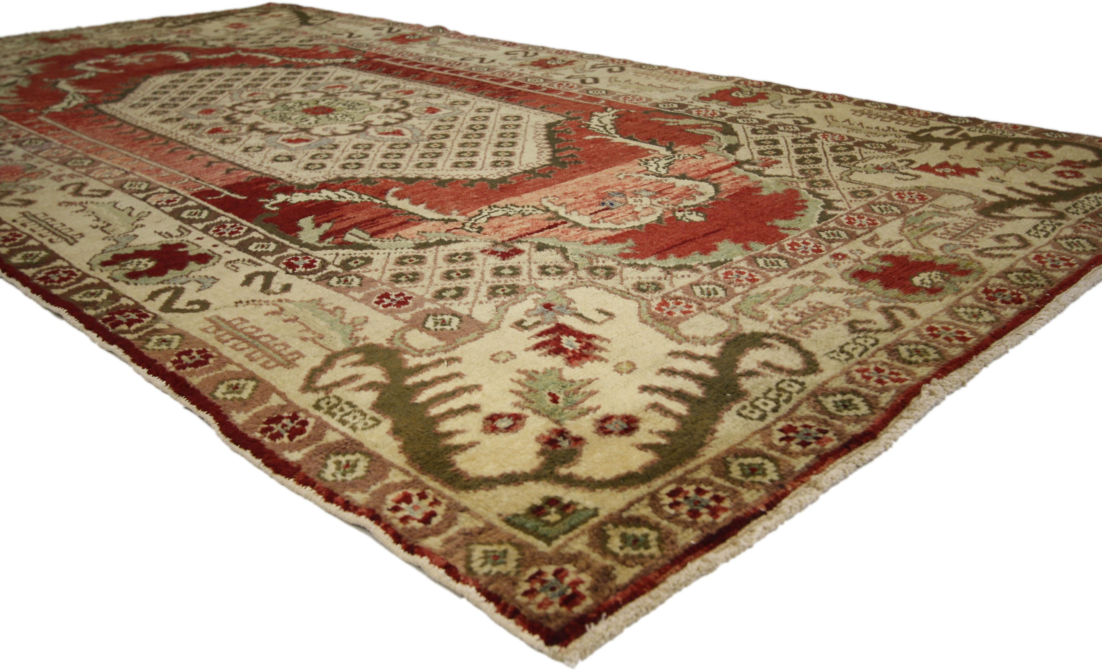 Hand-Knotted Vintage Turkish Oushak Gallery Rug with Classic Medallion and Corner Motif For Sale