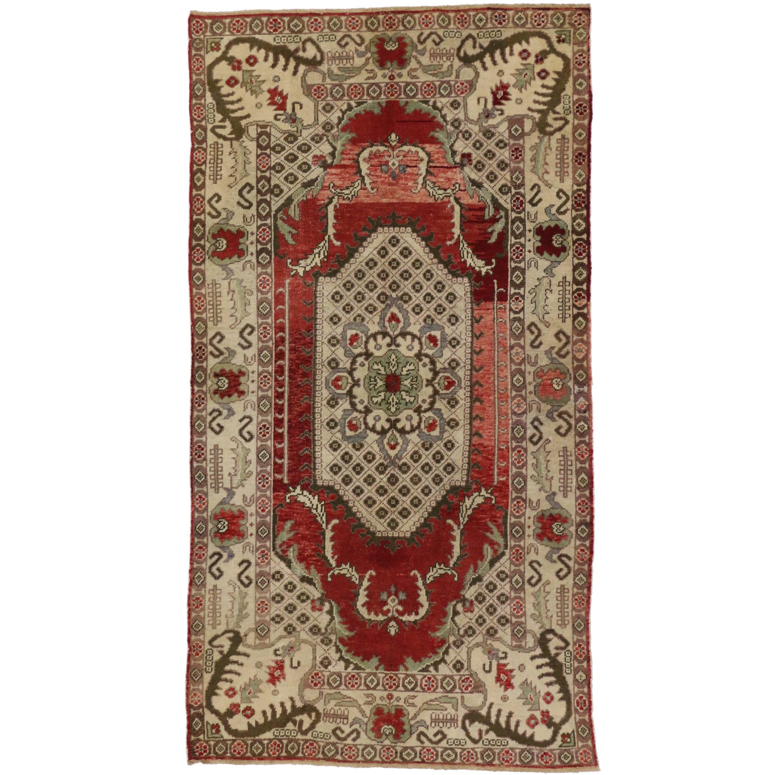 Vintage Turkish Oushak Gallery Rug with Classic Medallion and Corner Motif