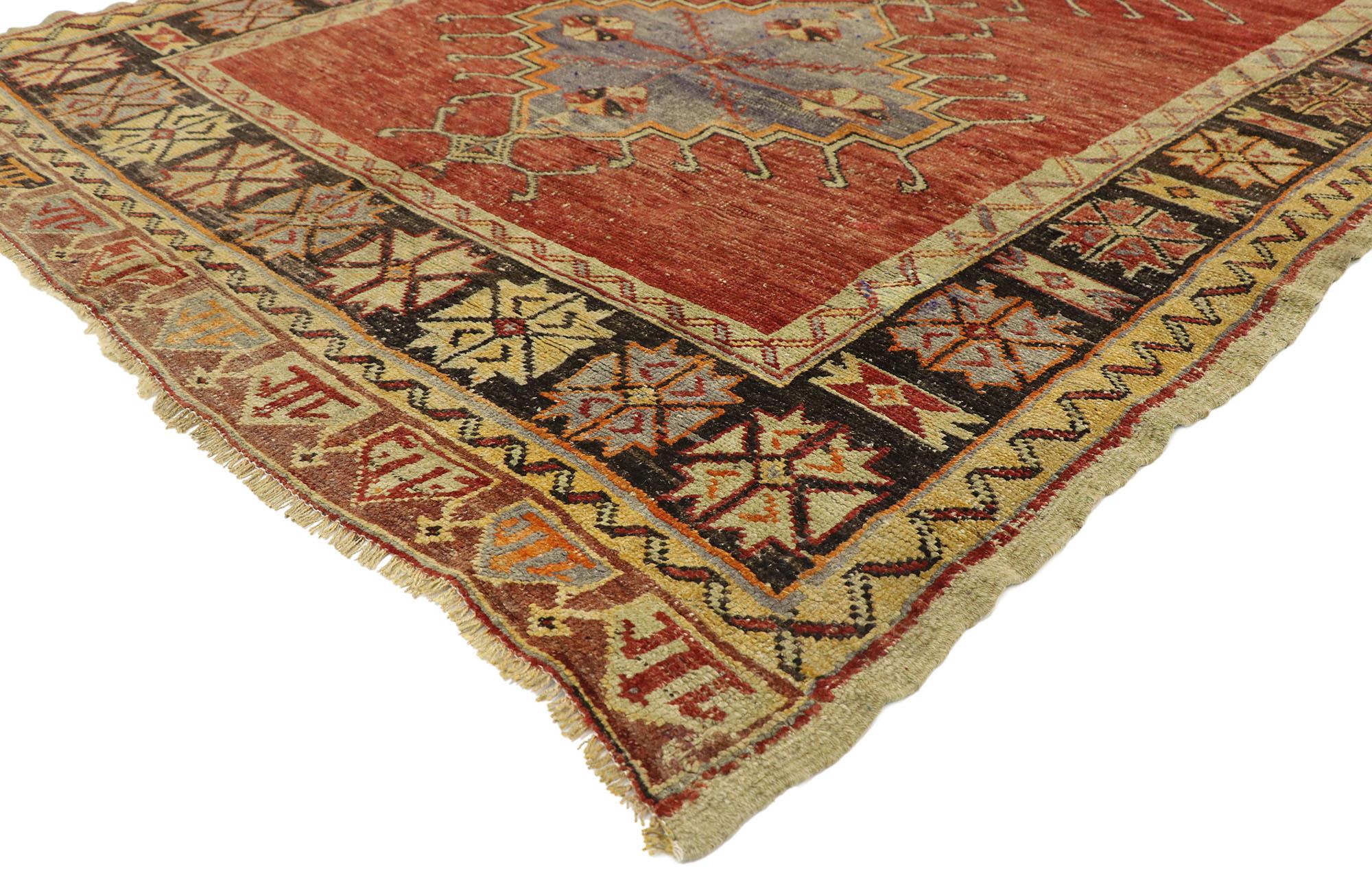 51801, vintage Turkish Oushak Gallery rug with craftsman style, wide hallway runner. This hand knotted wool vintage Turkish Oushak gallery rug features three connected latch-hooked and stepped hexagonal medallions alternating with small hooked