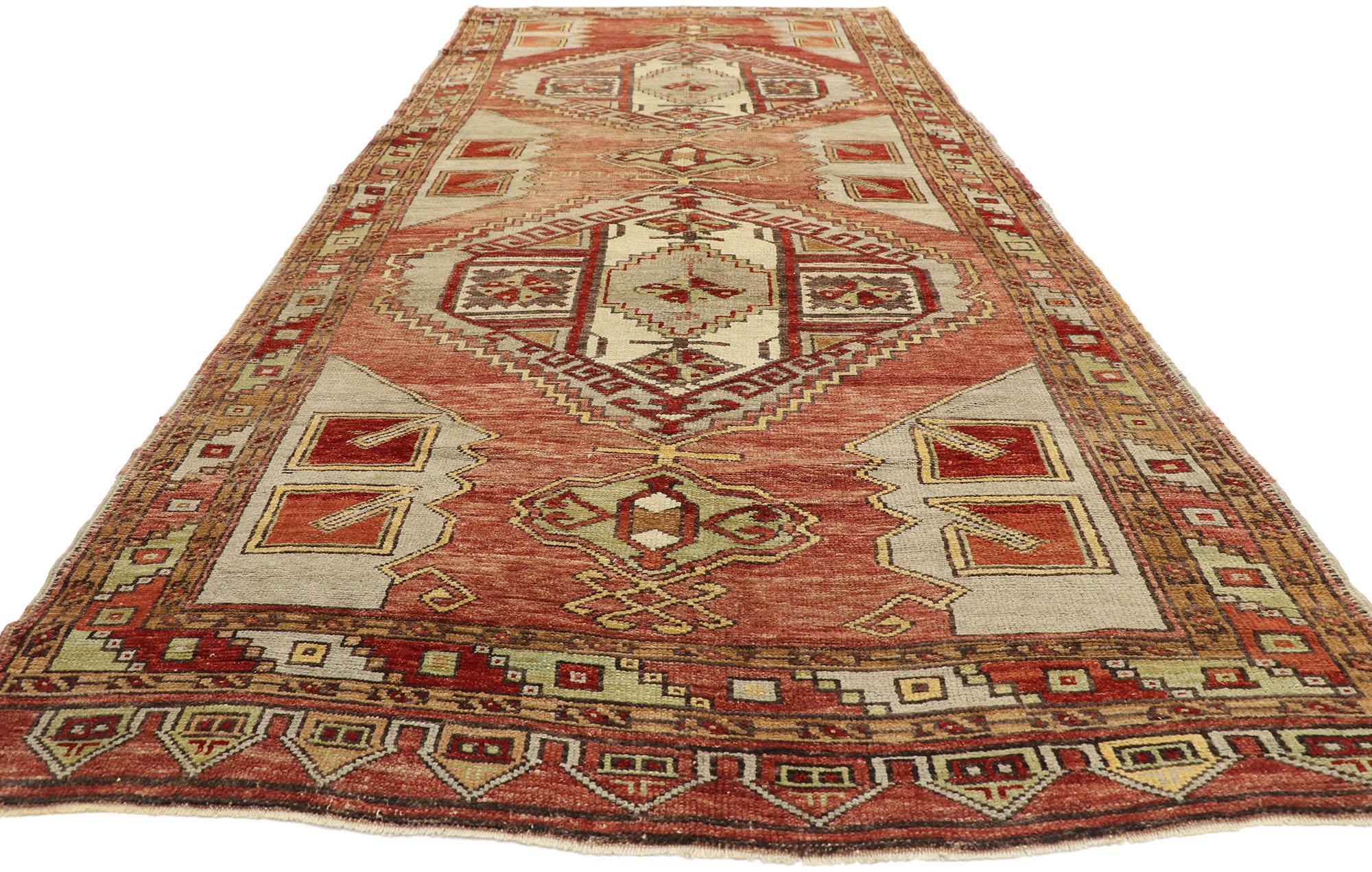 Hand-Knotted Vintage Turkish Oushak Gallery Rug with Craftsman Style, Wide Hallway Runner For Sale