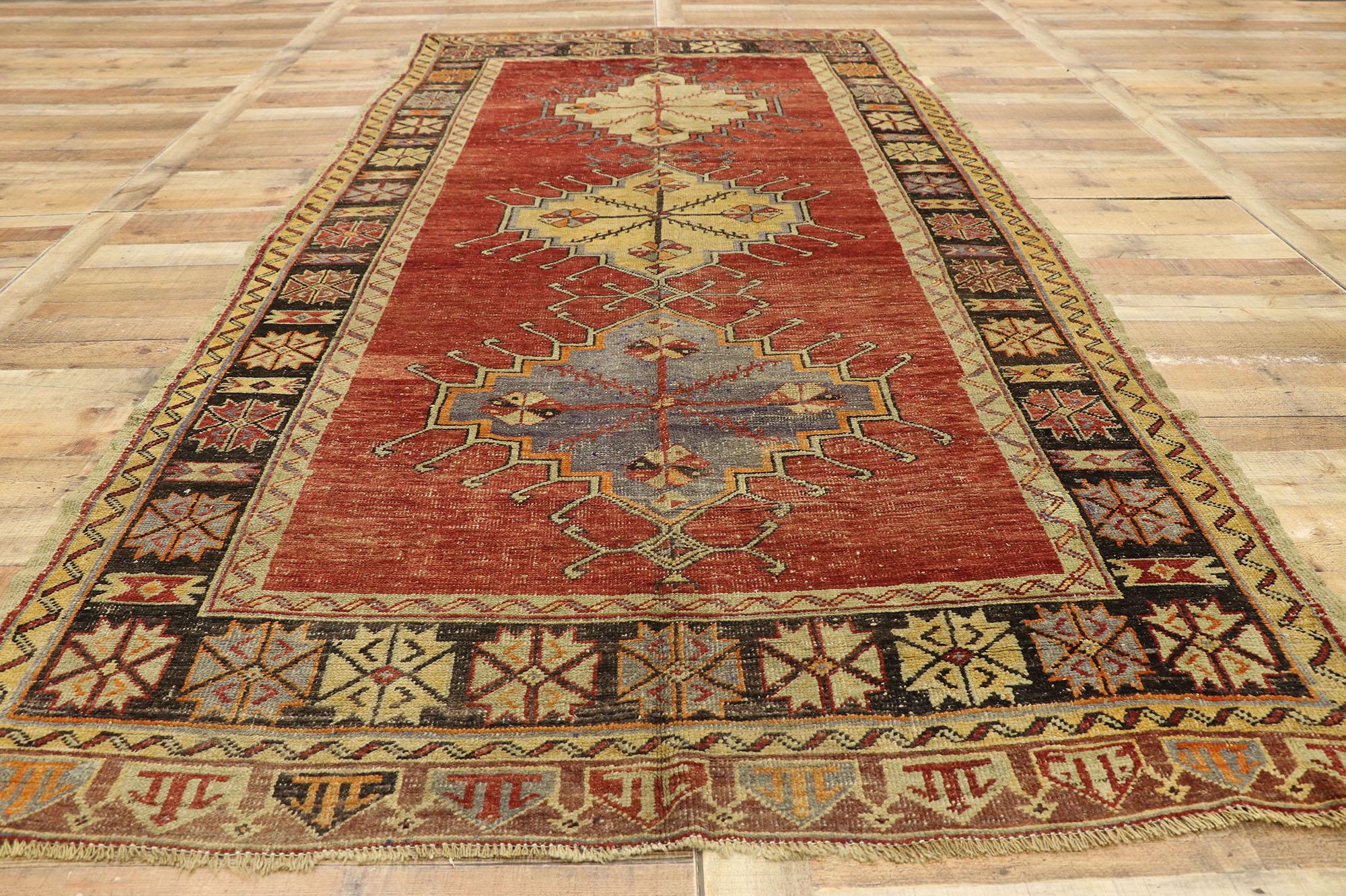 Wool Vintage Turkish Oushak Gallery Rug with Craftsman Style, Wide Hallway Runner For Sale