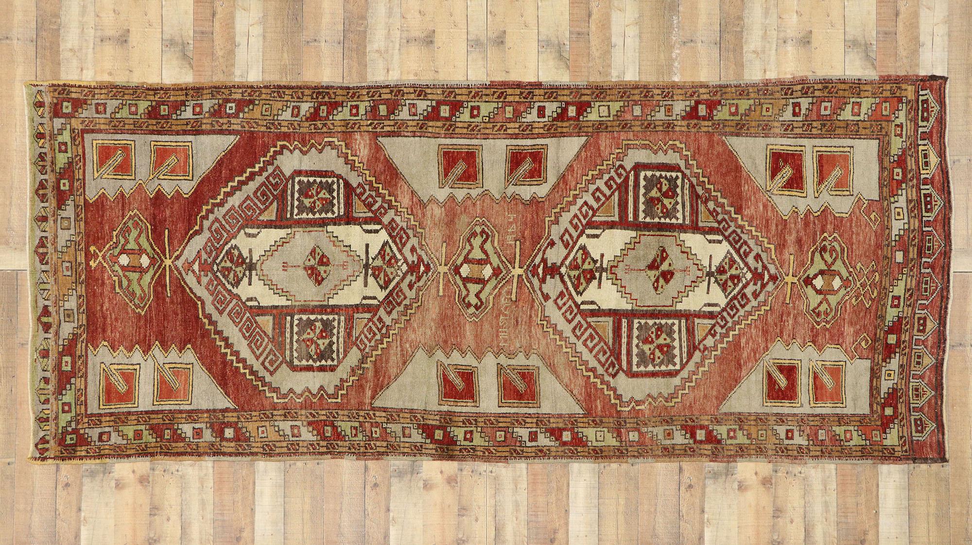 Vintage Turkish Oushak Gallery Rug with Craftsman Style, Wide Hallway Runner For Sale 2