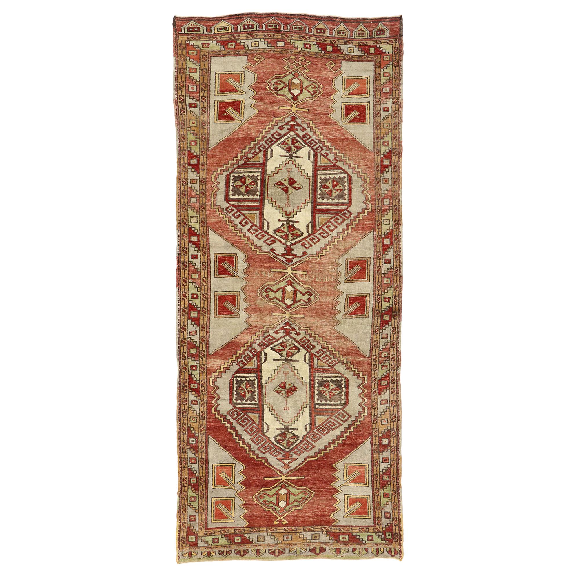 Vintage Turkish Oushak Gallery Rug with Craftsman Style, Wide Hallway Runner For Sale