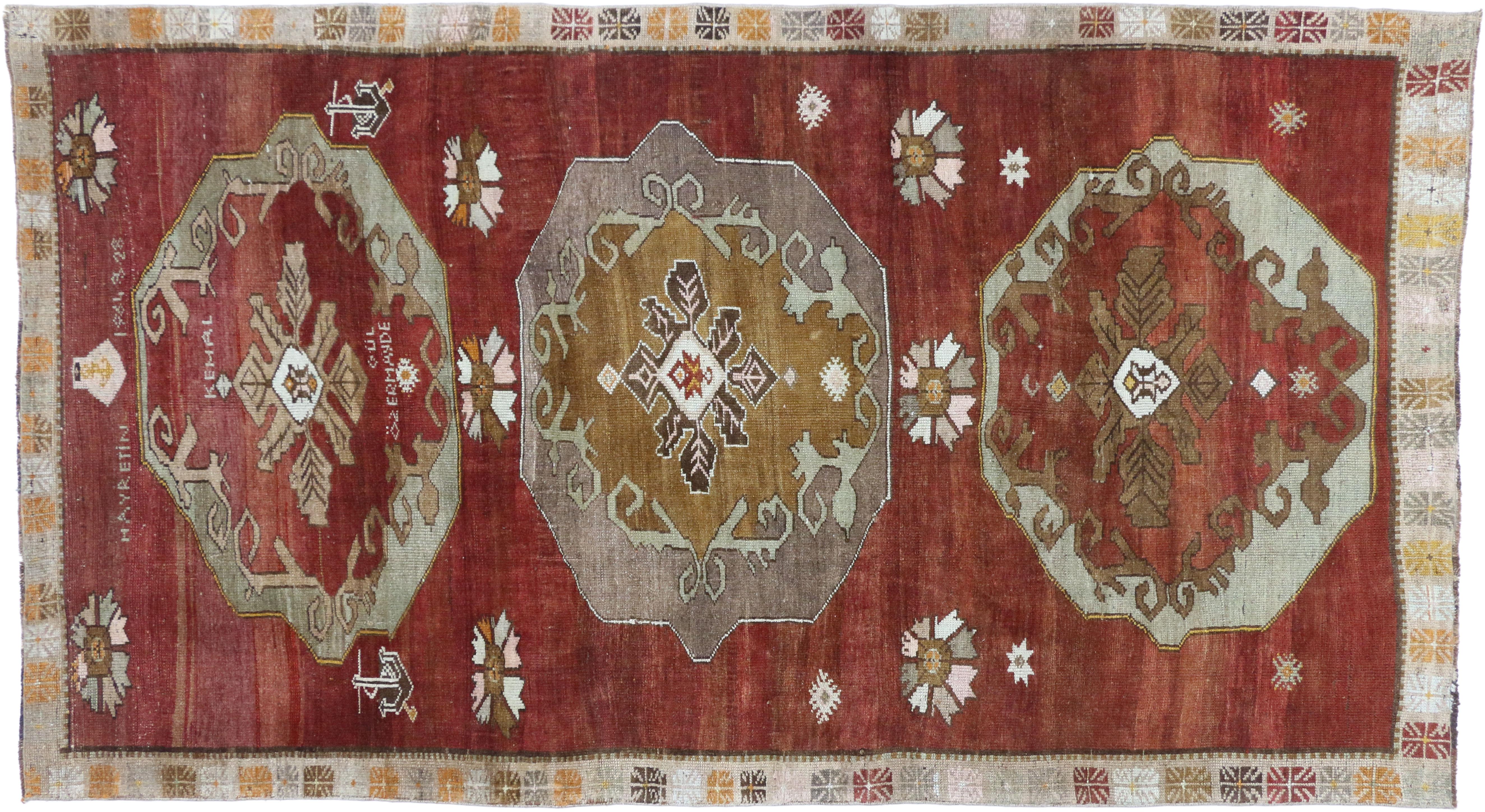 Wool Vintage Turkish Oushak Gallery Rug with Jacobean or Tudor Style For Sale