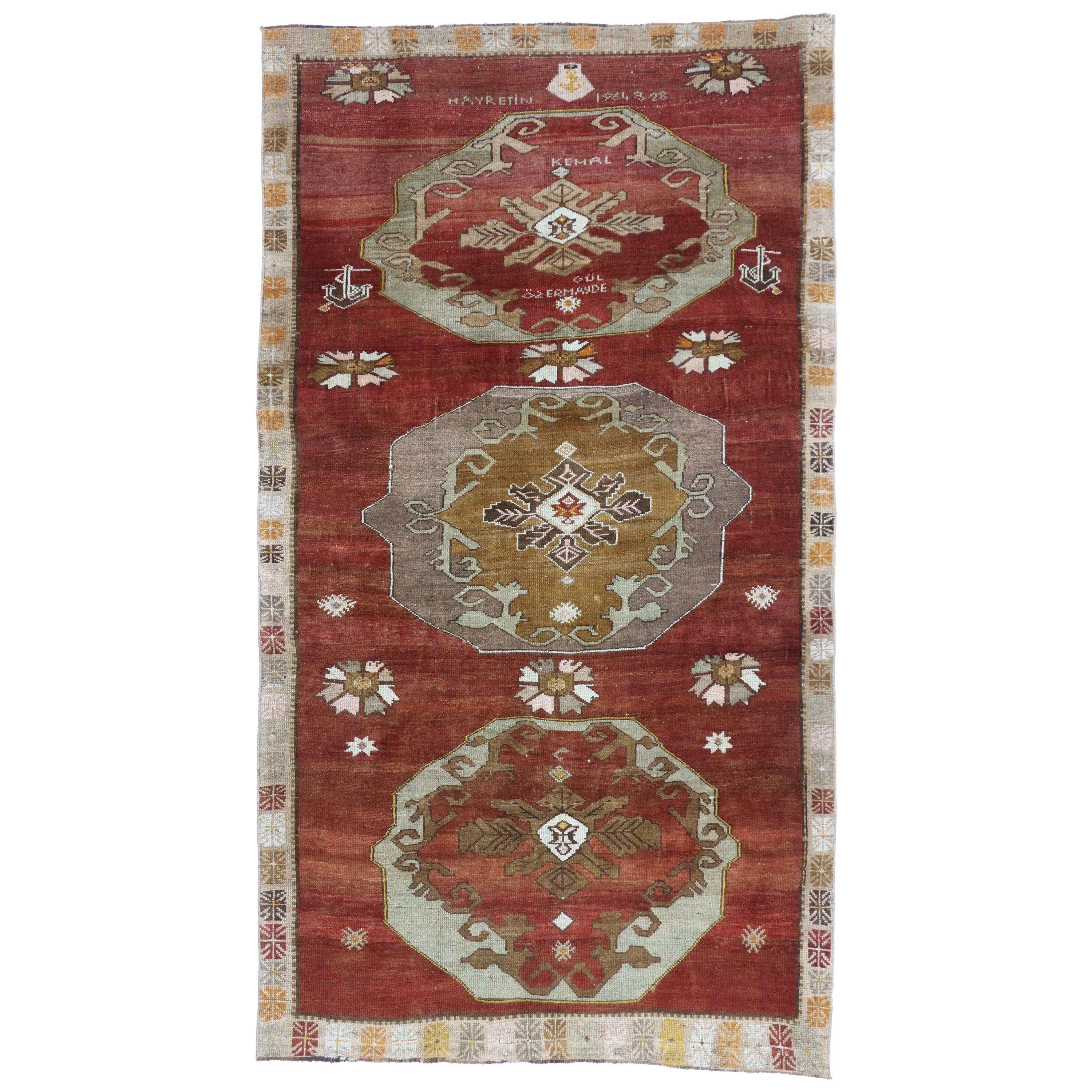 Vintage Turkish Oushak Gallery Rug with Jacobean or Tudor Style