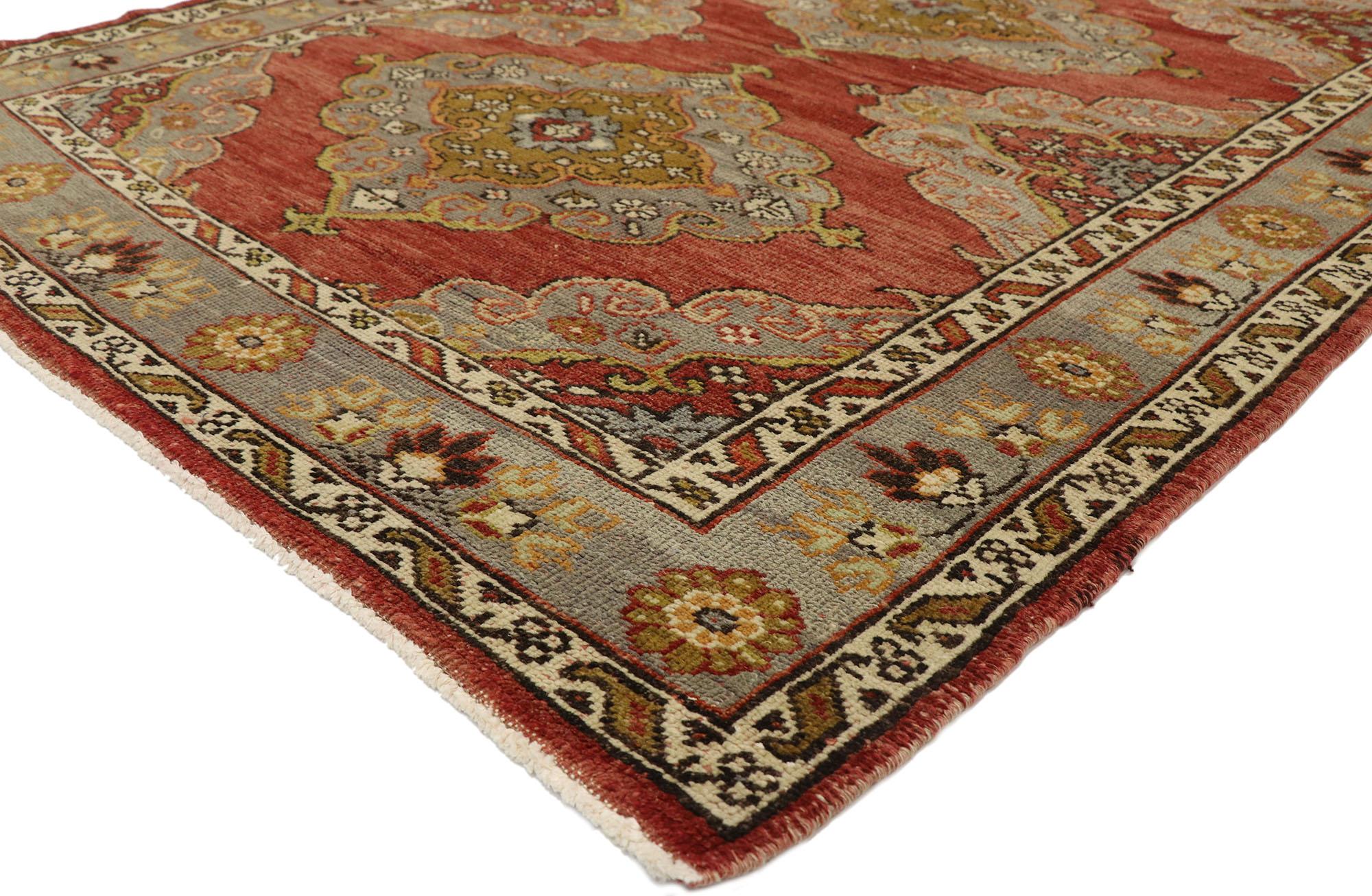 51797, vintage Turkish Oushak gallery rug with Jacobean style, wide hallway runner. This hand knotted wool vintage Turkish Oushak gallery rug features five cusped medallions with anchor tips at the four corners, each set with a smaller cusped