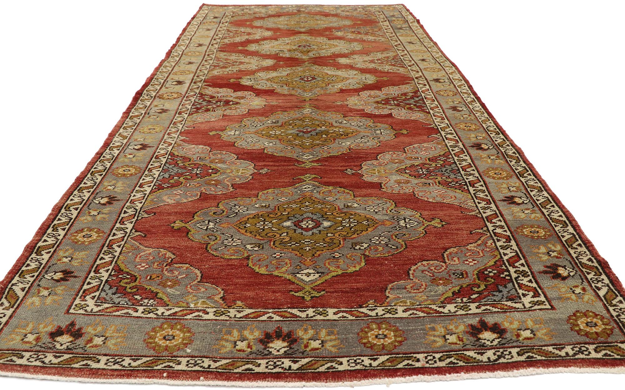 Hand-Knotted Vintage Turkish Oushak Gallery Rug with Jacobean Style, Wide Hallway Runner For Sale