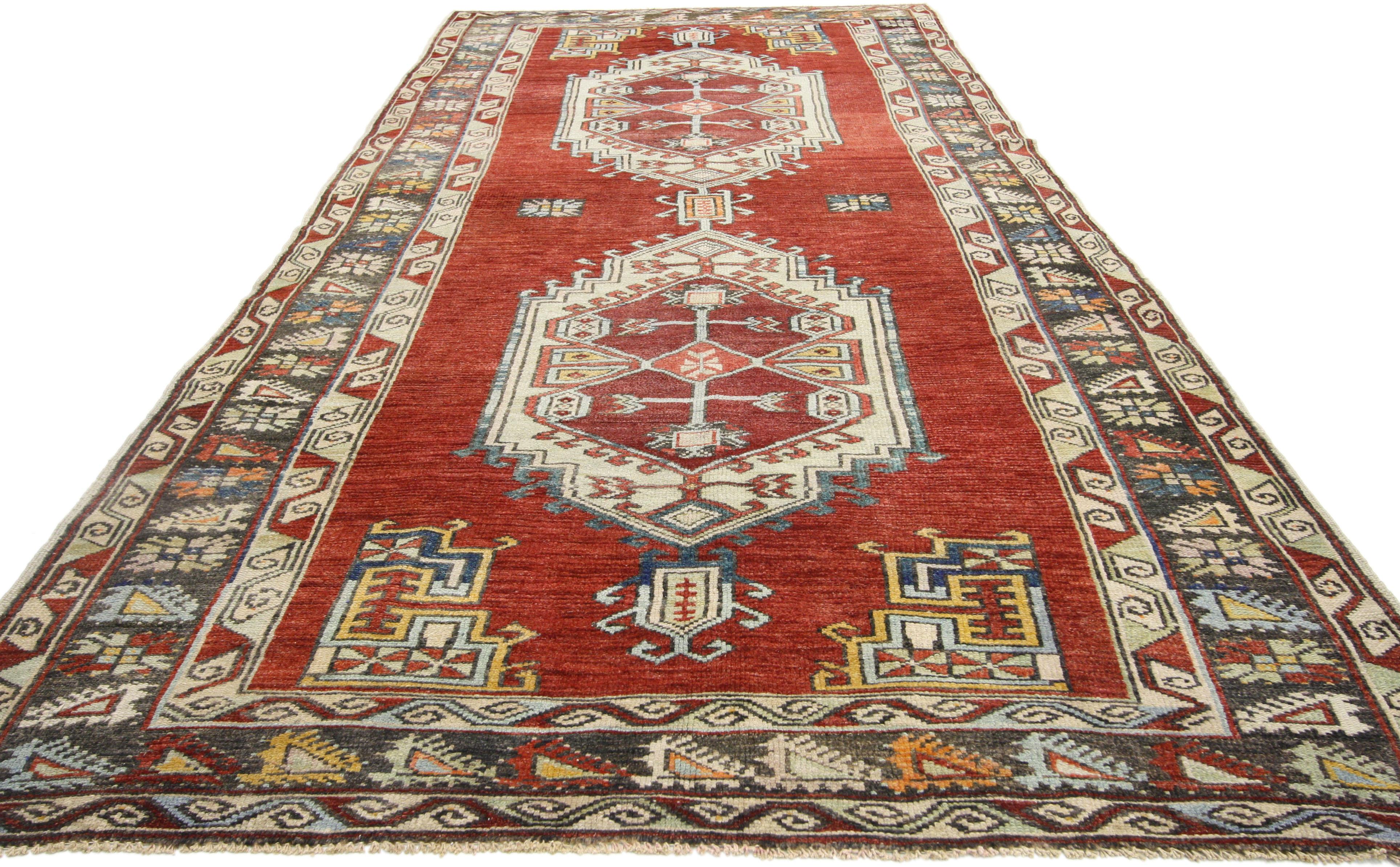 Hand-Knotted Vintage Turkish Oushak Gallery Rug with Jacobean Style, Wide Hallway Runner For Sale