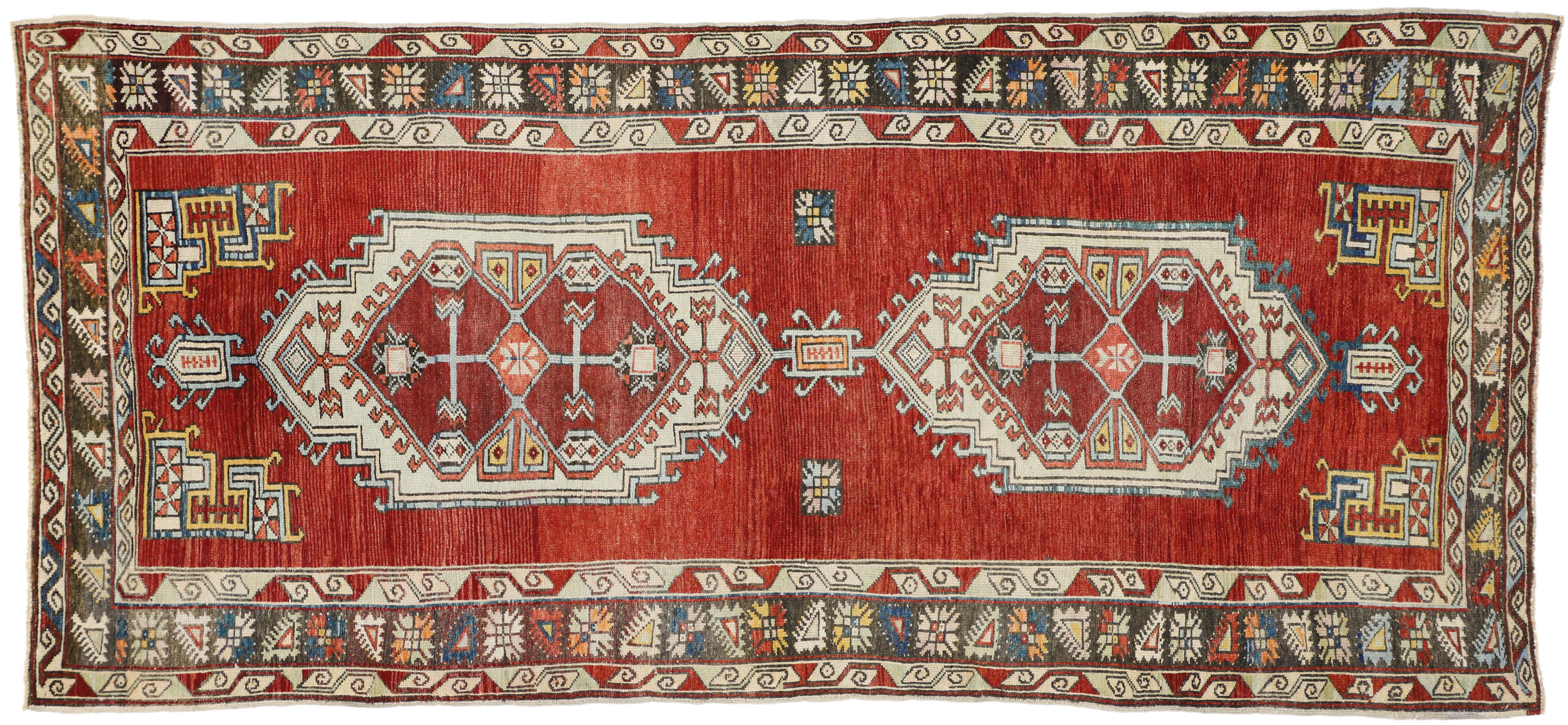 Vintage Turkish Oushak Gallery Rug with Jacobean Style, Wide Hallway Runner For Sale 2