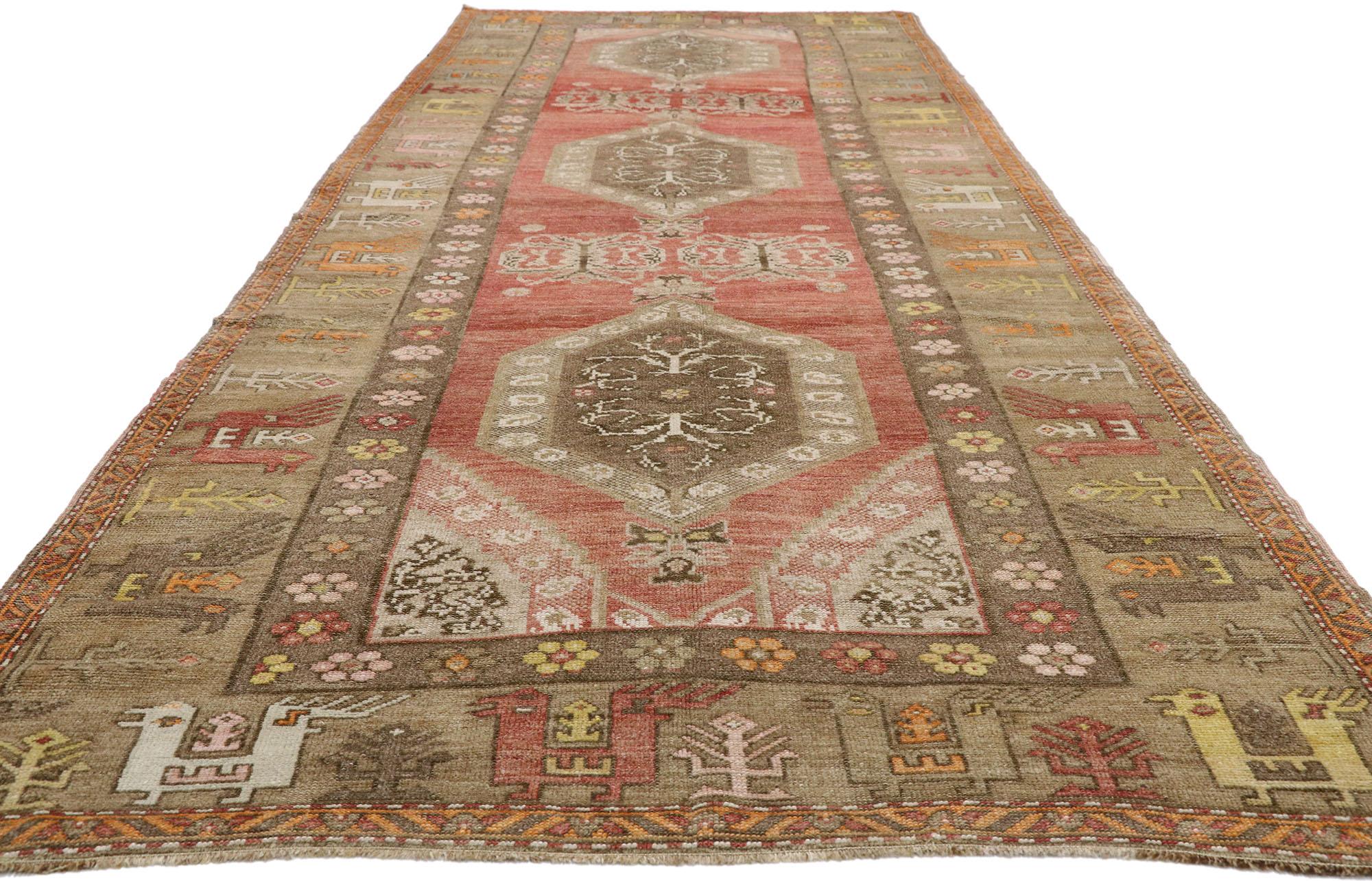 Hand-Knotted Vintage Turkish Oushak Gallery Rug with Mid-Century Modern Style For Sale