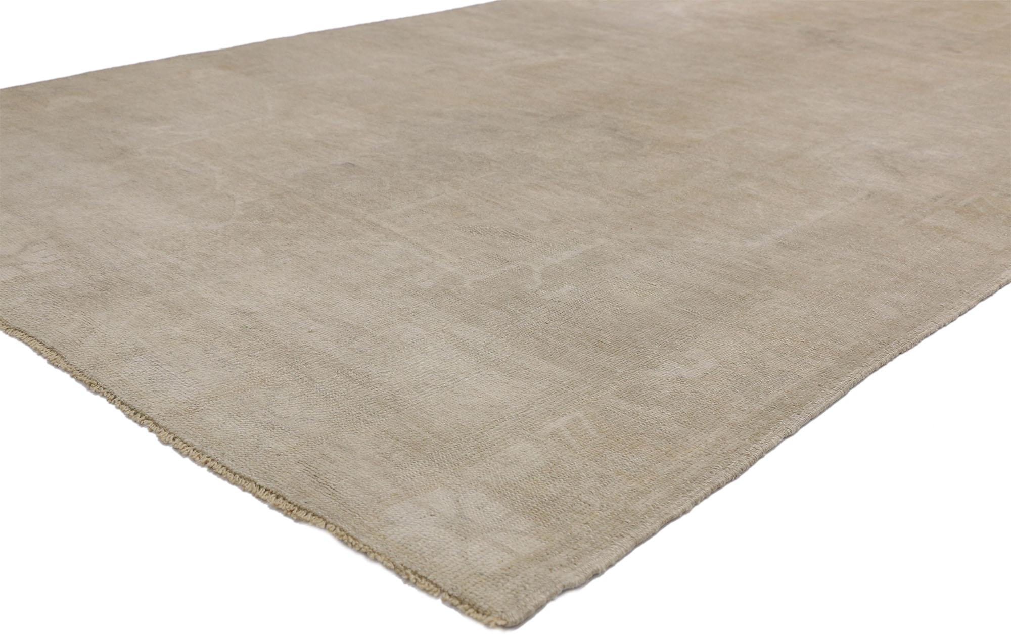52474 Vintage Turkish Oushak Gallery Rug with Mission Style, Wide Hallway Runner. Possessing an ethereal color palette with atmospheric subtlety this hand-knotted wool vintage Turkish Oushak gallery rug emanates style from every corner. Three