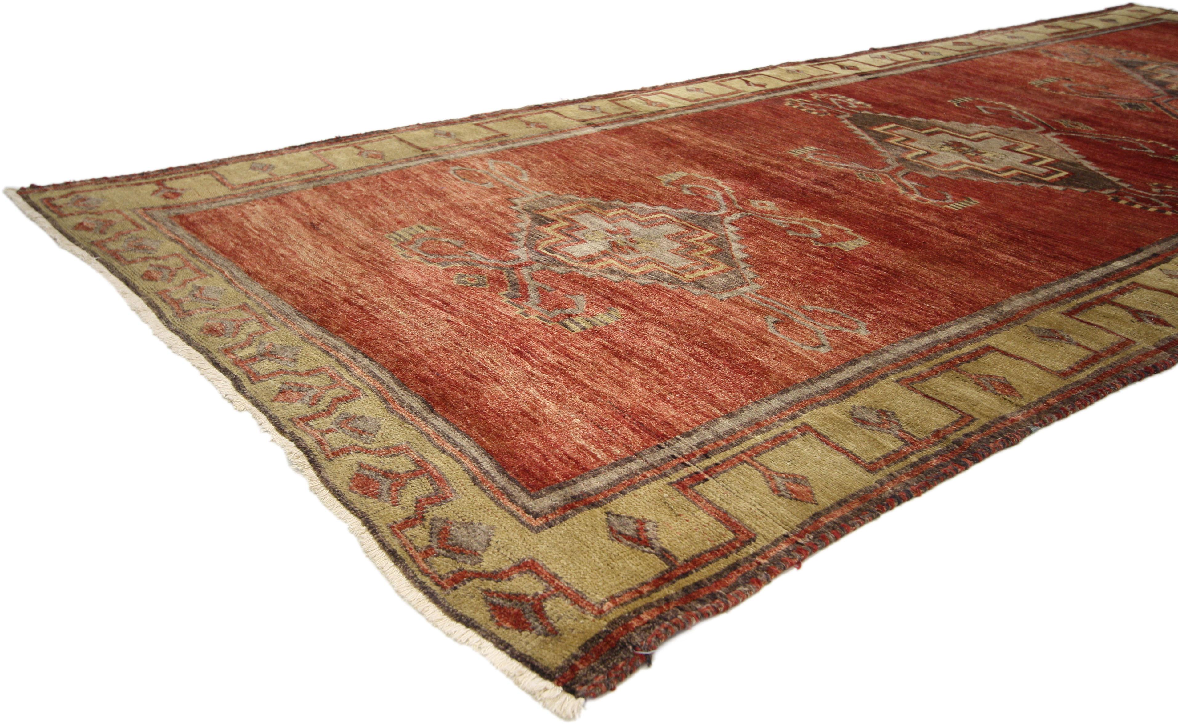 51134 Vintage Red Turkish Oushak Rug, 05'00 x 11'11. ​Turkish Oushak gallery rugs are large, intricately woven carpets known for their fine craftsmanship, elaborate designs, and rich colors. Originating from the Oushak region of Turkey, these rugs