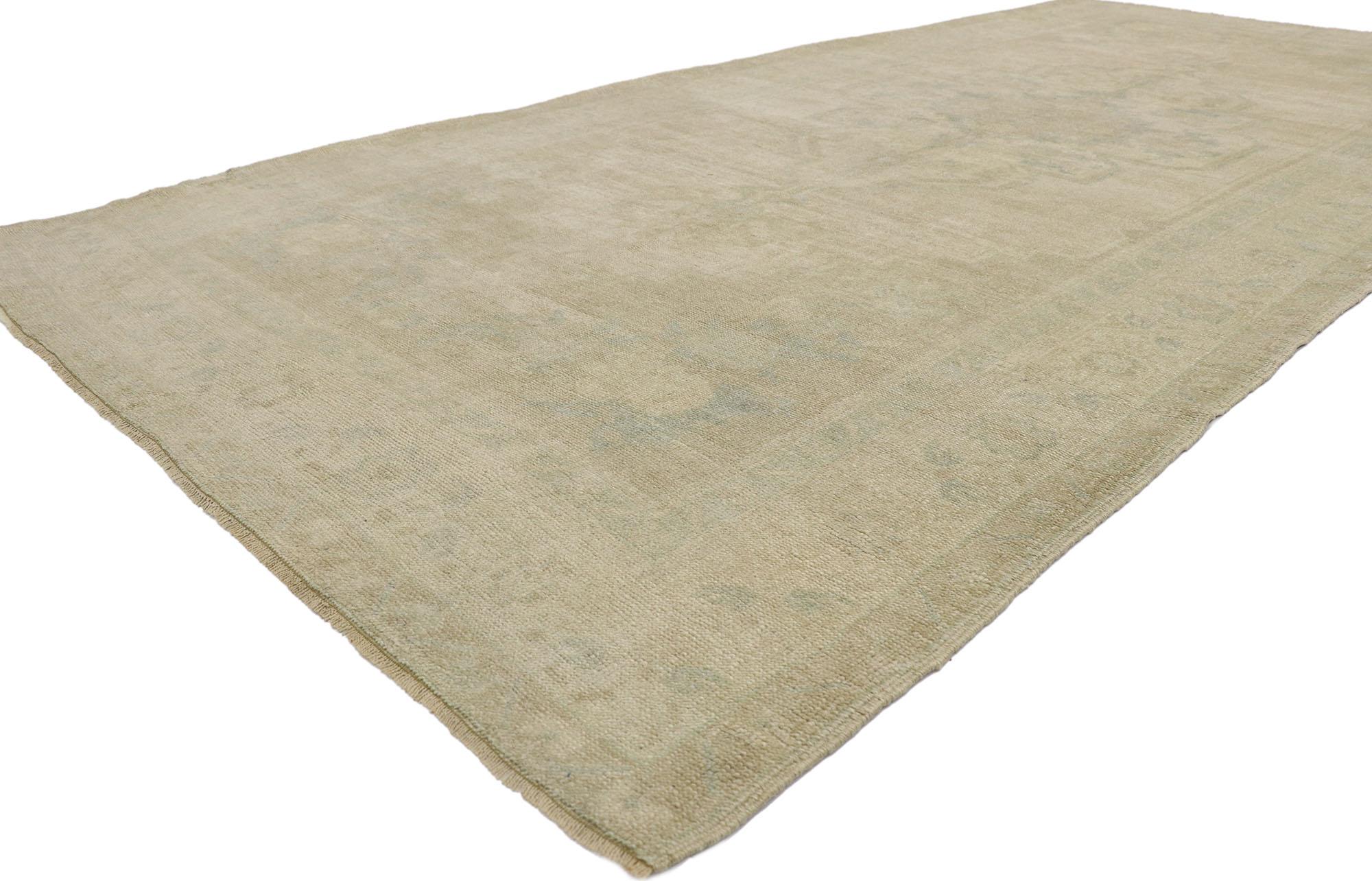 53620 Vintage Turkish Oushak gallery rug with Modern Farmhouse style 05'06 x 11'09. Emanating timeless appeal, effortless beauty and neutral hues, this hand knotted wool vintage Turkish Oushak gallery rug is poised to impress. The antique washed