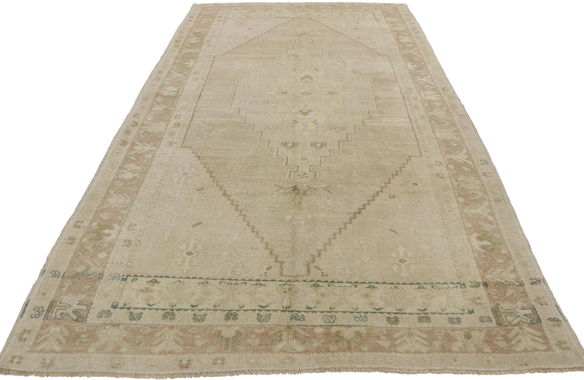Hand-Knotted Vintage Turkish Oushak Gallery Rug with Modern Farmhouse Style For Sale