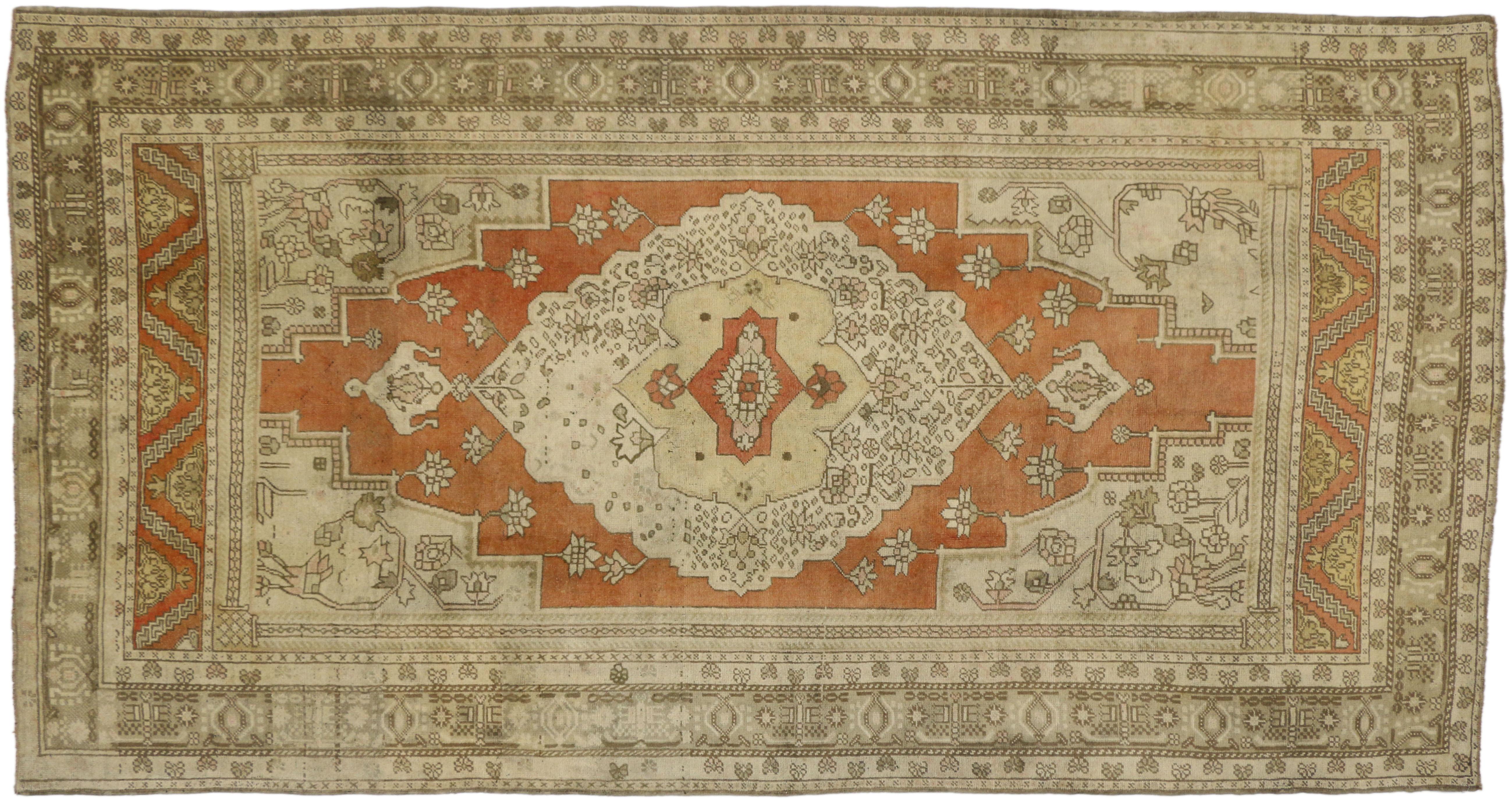 51340 Vintage Turkish Oushak Gallery Rug with Modern Style, Wide Hallway Runner. This hand-knotted wool vintage Turkish Oushak gallery rug highlights a modern rustic luxe style and warm earth-tone colors.Starting with the main border and guard