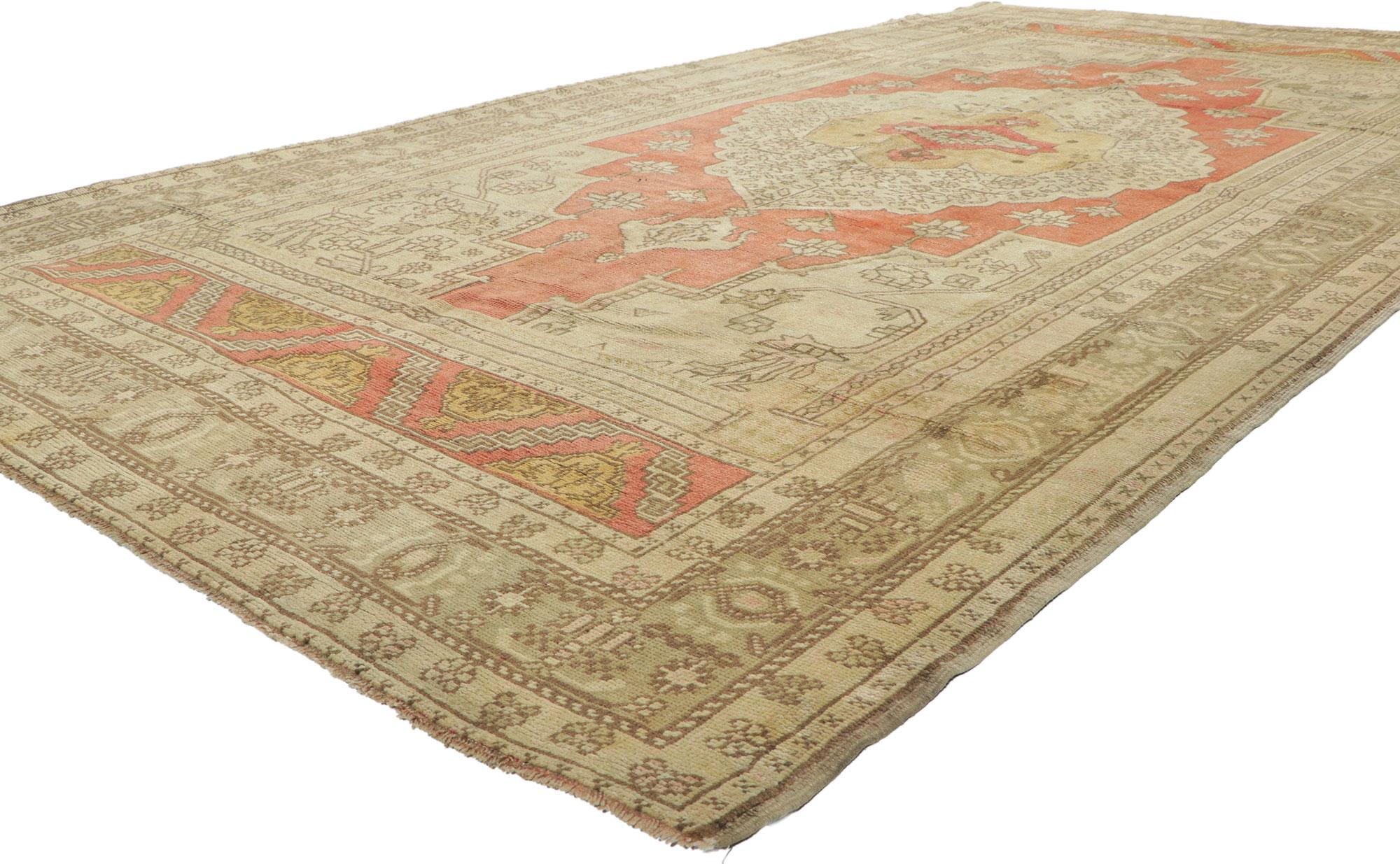 51340 Vintage Turkish Oushak Gallery Rug, 06'03 x 11'07. This hand-knotted wool vintage Turkish Oushak rug exudes a timeless charm that seamlessly blends storytelling and artistic mastery. With its intricate design and harmonious color palette, the