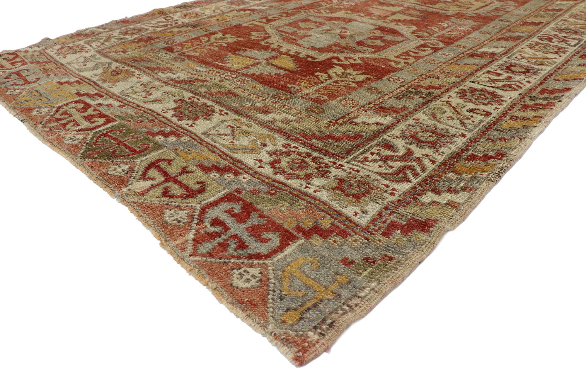 50912, vintage Turkish Oushak Gallery rug with Modern Tribal style, wide hallway runner. Warm and inviting with tribal charm, this hand knotted wool vintage Turkish Oushak gallery rug embodies Mid-Century Modern style with tribal vibes. The abrashed