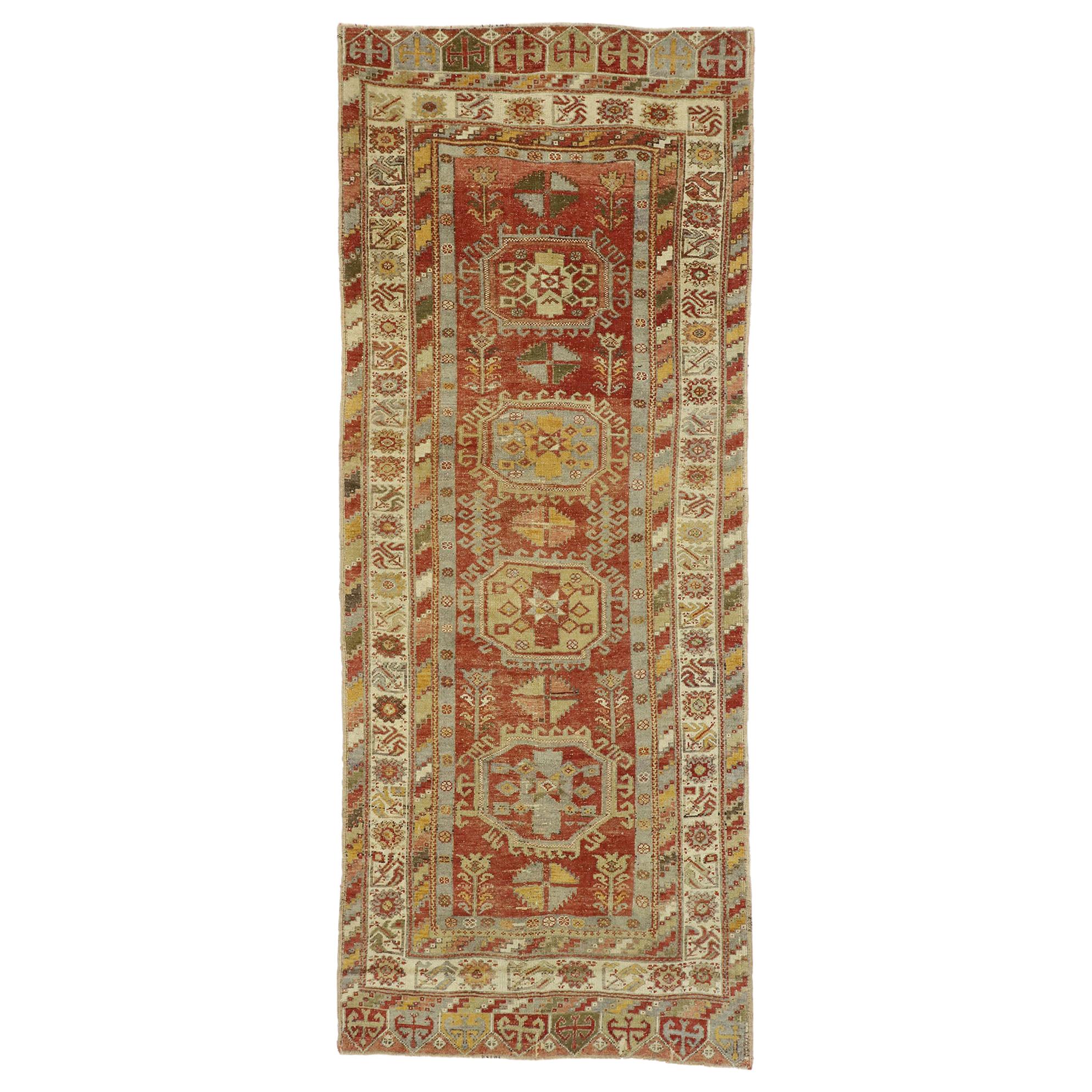 Vintage Turkish Oushak Gallery Rug with Modern Tribal Style, Wide Hallway Runner For Sale