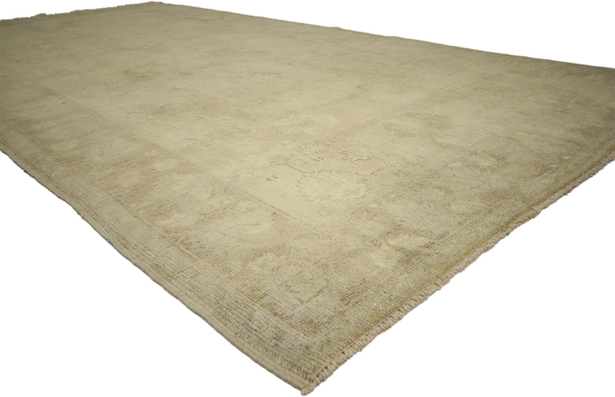 50993 Vintage Turkish Oushak Rug with Minimalist French Country Cottage Style 05'04 x 10'04. Effortless beauty and soft, bespoke vibes meet minimalist French Country Cottage style in this hand knotted wool vintage Turkish Oushak rug. The abrashed