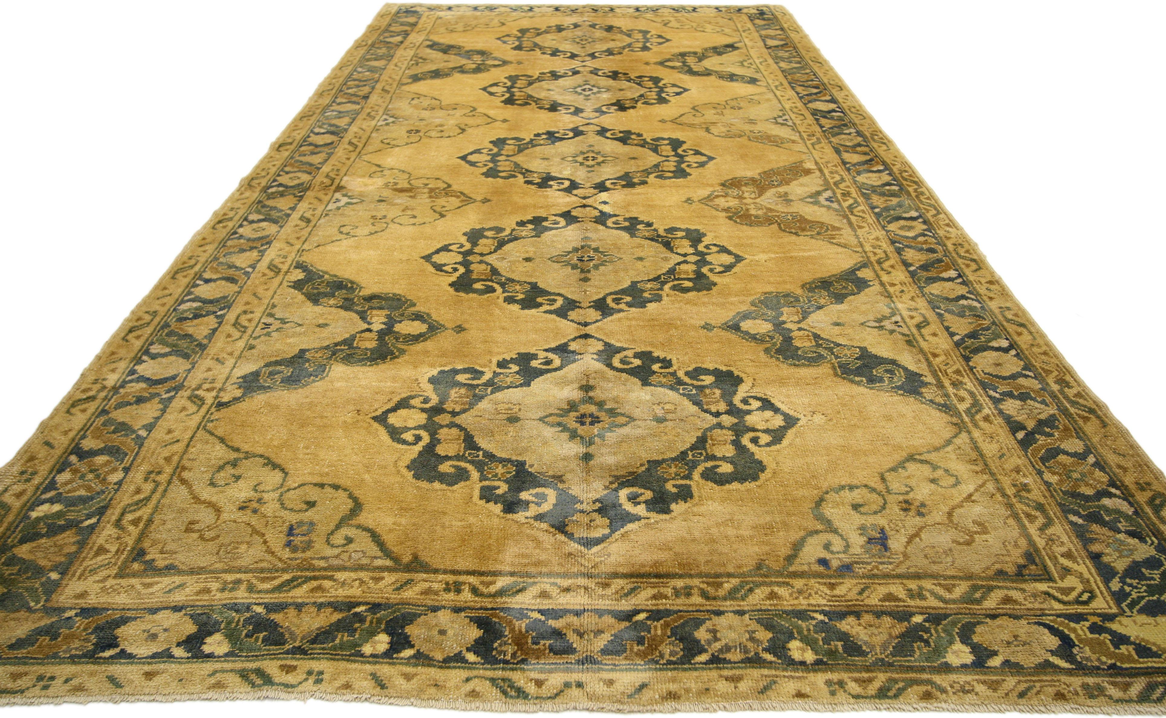 Neoclassical Vintage Turkish Oushak Gallery Rug with Neoclassic Style, Wide Hallway Runner For Sale
