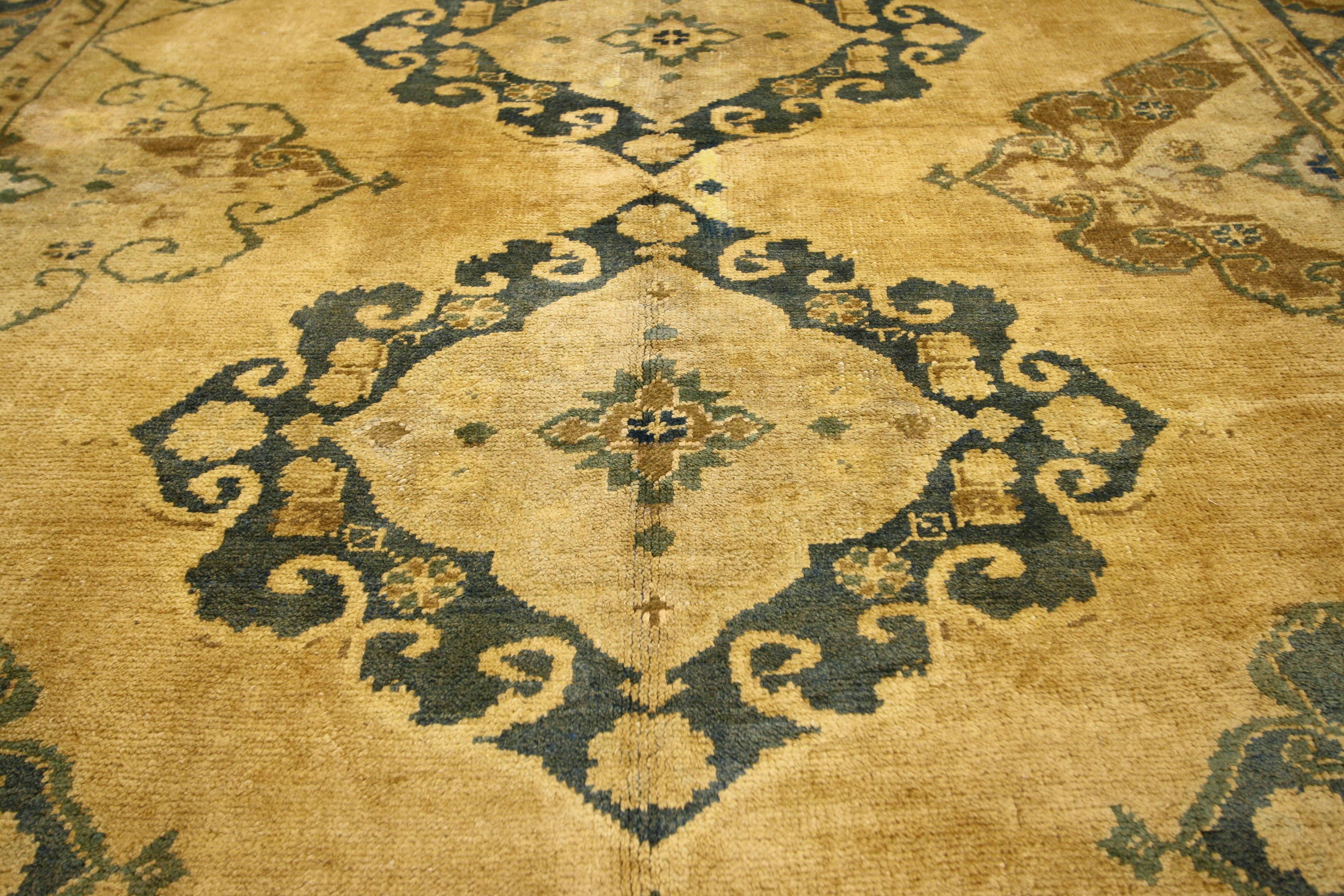 Hand-Knotted Vintage Turkish Oushak Gallery Rug with Neoclassic Style, Wide Hallway Runner For Sale
