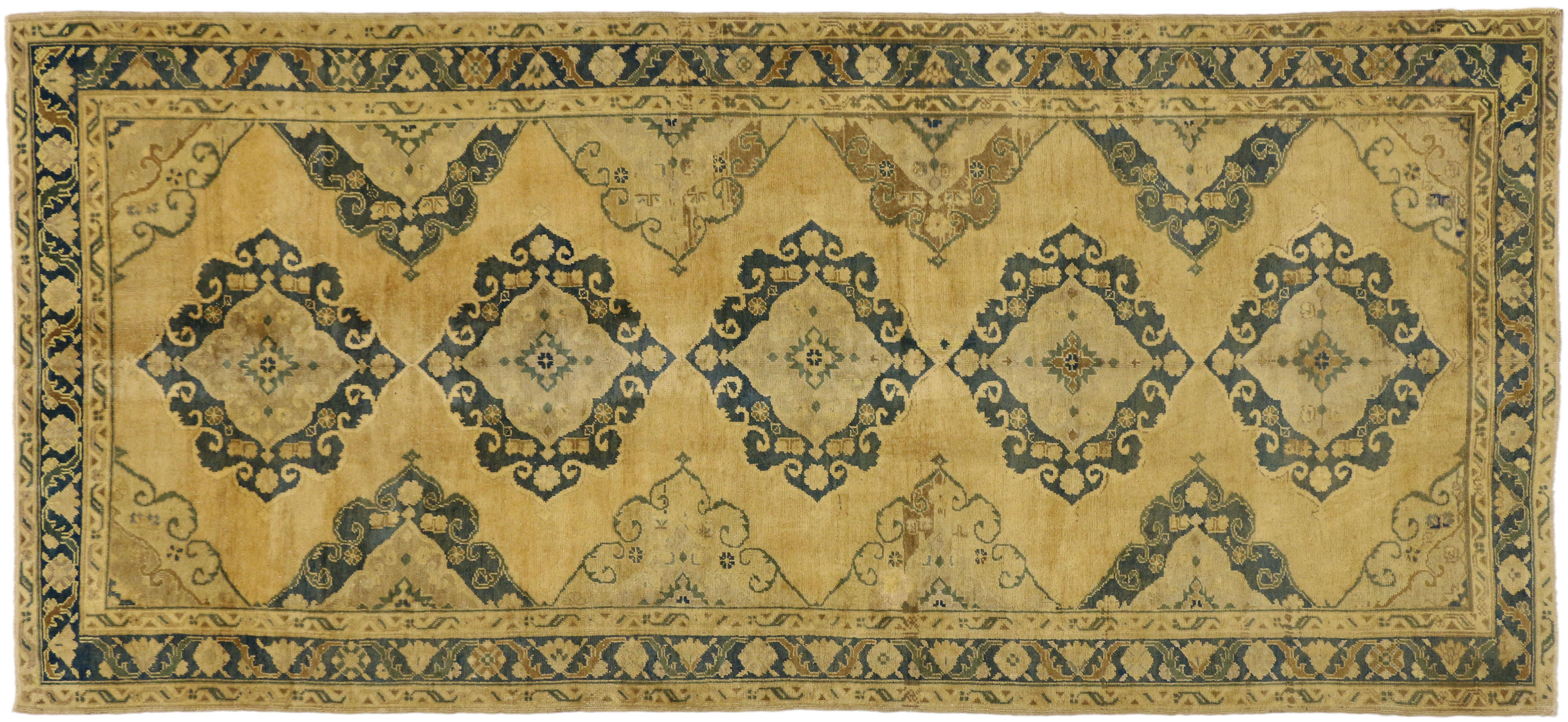 20th Century Vintage Turkish Oushak Gallery Rug with Neoclassic Style, Wide Hallway Runner For Sale