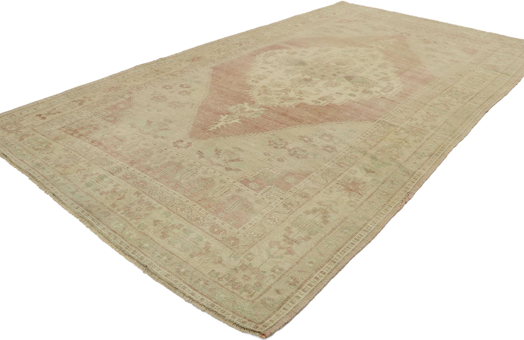 53213 Vintage Turkish Oushak Gallery rug with Rustic Arts & Crafts style. This hand knotted wool vintage Turkish Oushak gallery rug features a stepped diamond-shaped medallion with palmette pendants floating in the center of an abrashed terra cotta