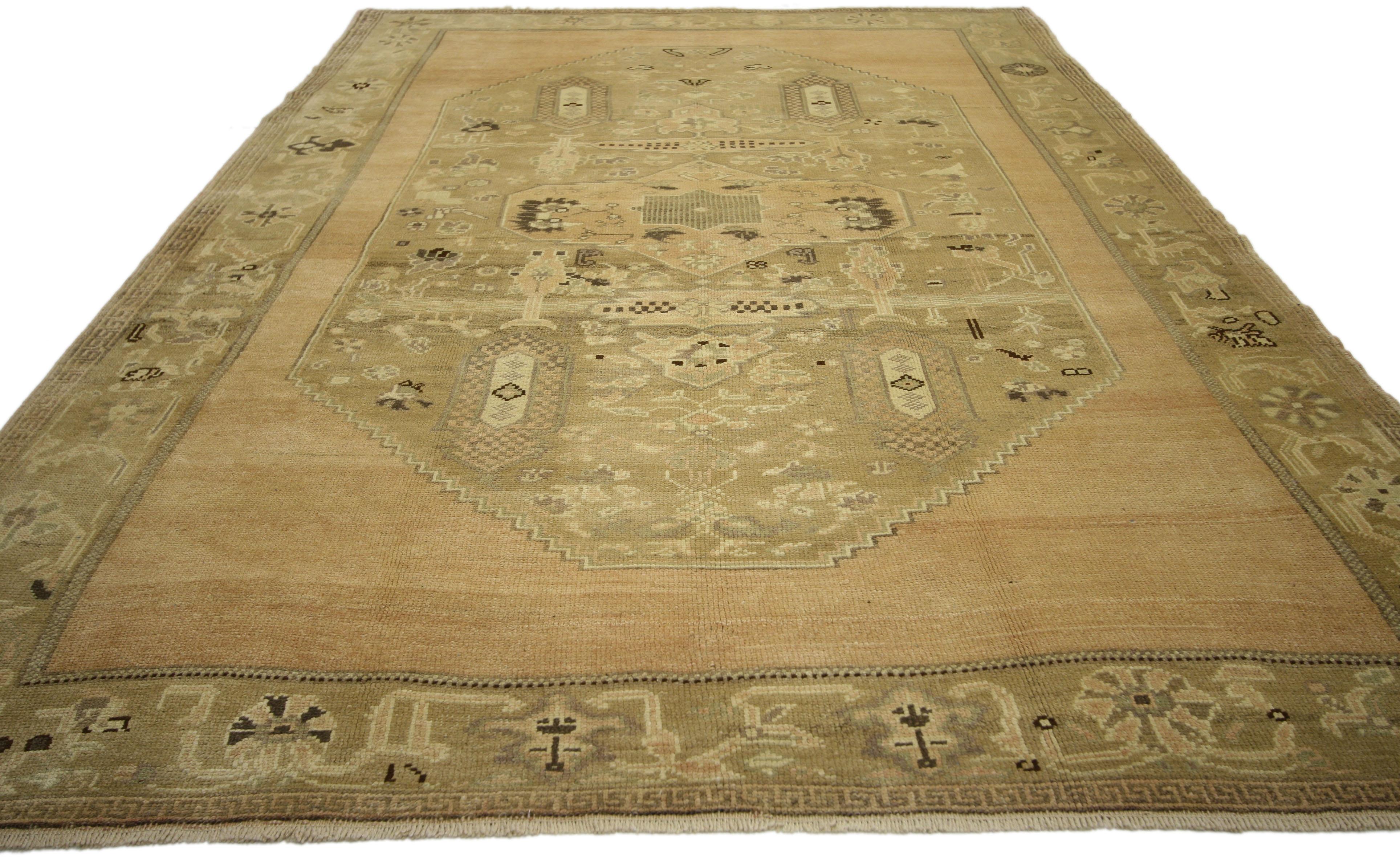 Hand-Knotted Vintage Turkish Oushak Gallery Rug with Rustic Chinoiserie Style and Warm Colors For Sale