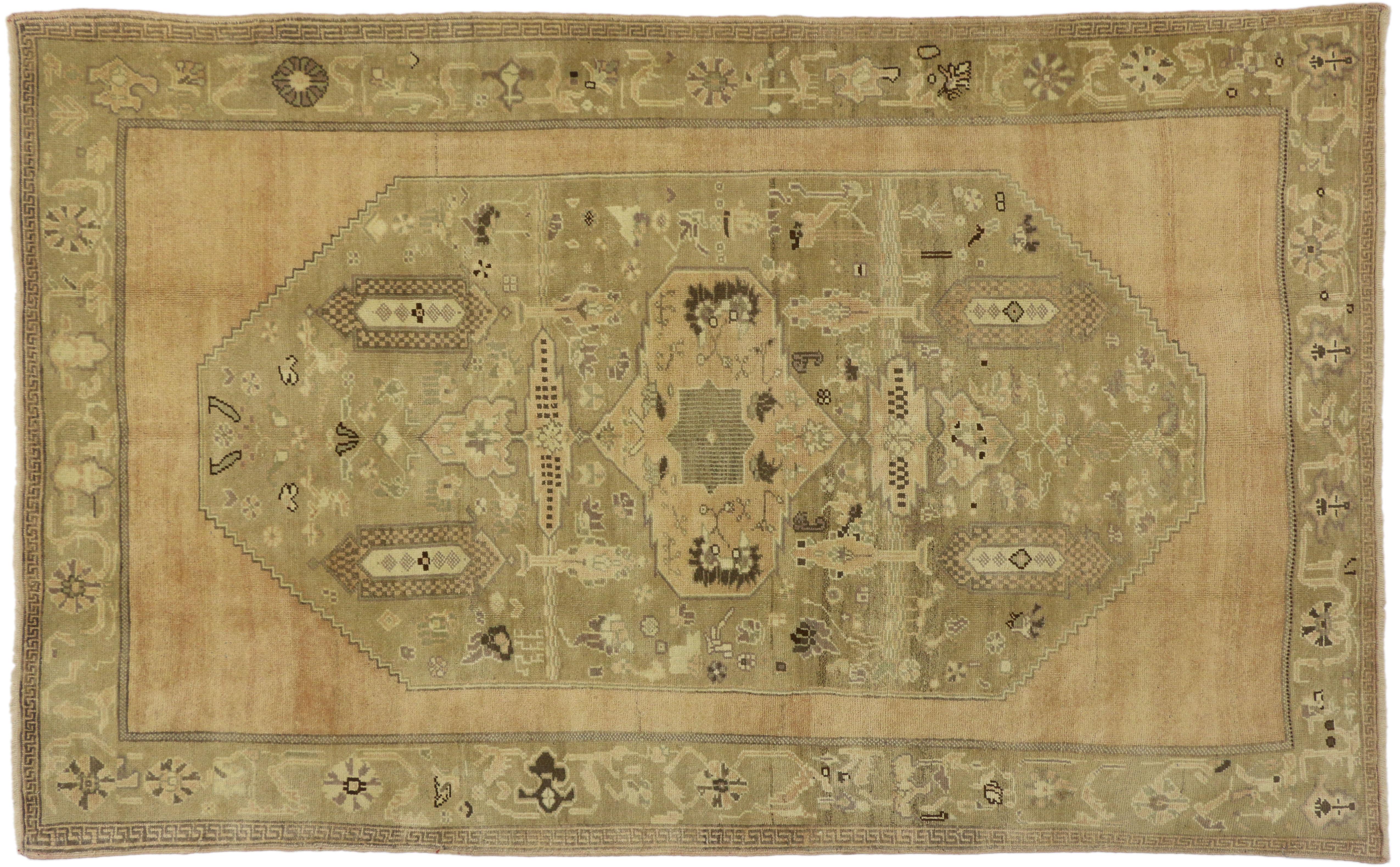 20th Century Vintage Turkish Oushak Gallery Rug with Rustic Chinoiserie Style and Warm Colors For Sale