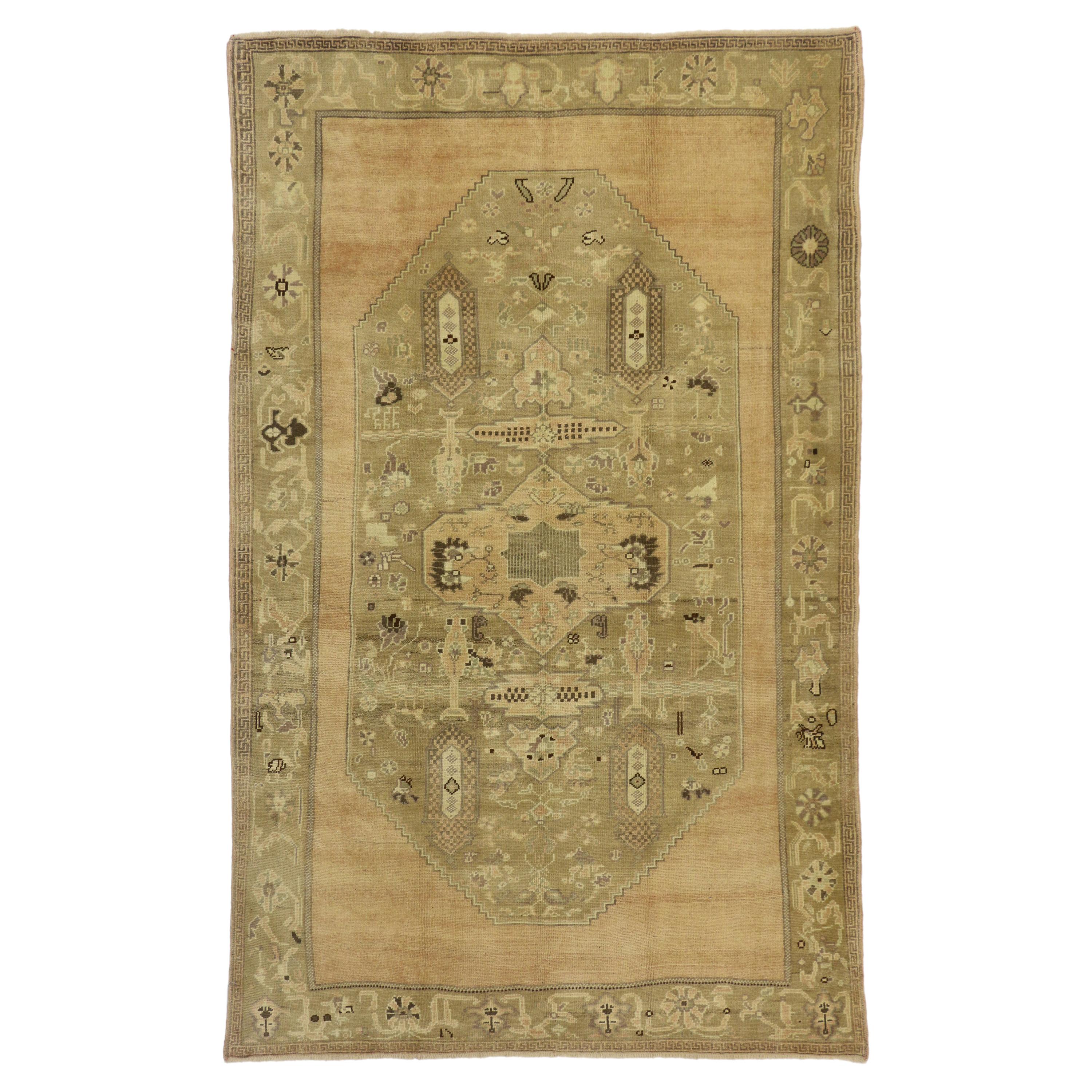 Vintage Turkish Oushak Gallery Rug with Rustic Chinoiserie Style and Warm Colors