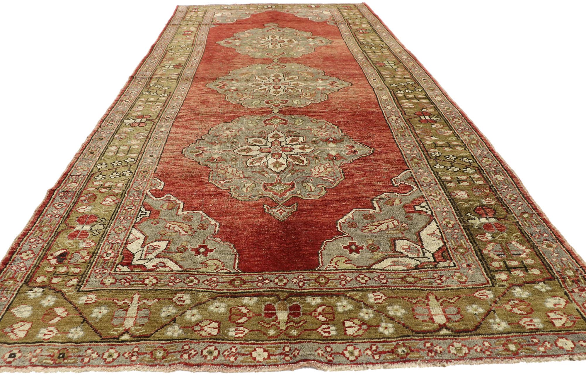 Hand-Knotted Vintage Turkish Oushak Gallery Rug with Rustic Jacobean Style, Wide Runner For Sale