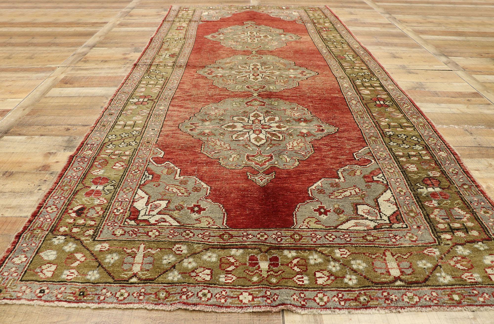 Vintage Turkish Oushak Gallery Rug with Rustic Jacobean Style, Wide Runner For Sale 1