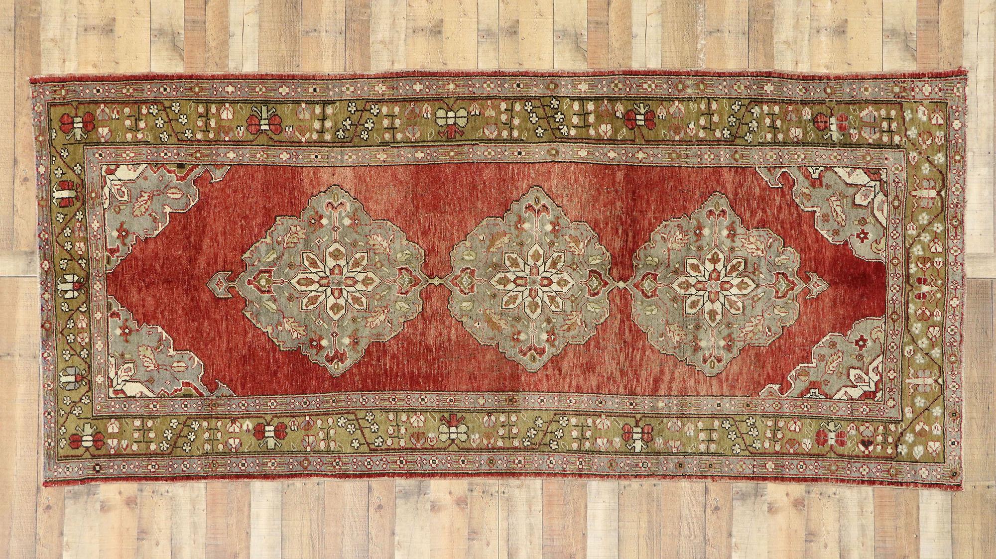 Vintage Turkish Oushak Gallery Rug with Rustic Jacobean Style, Wide Runner For Sale 2