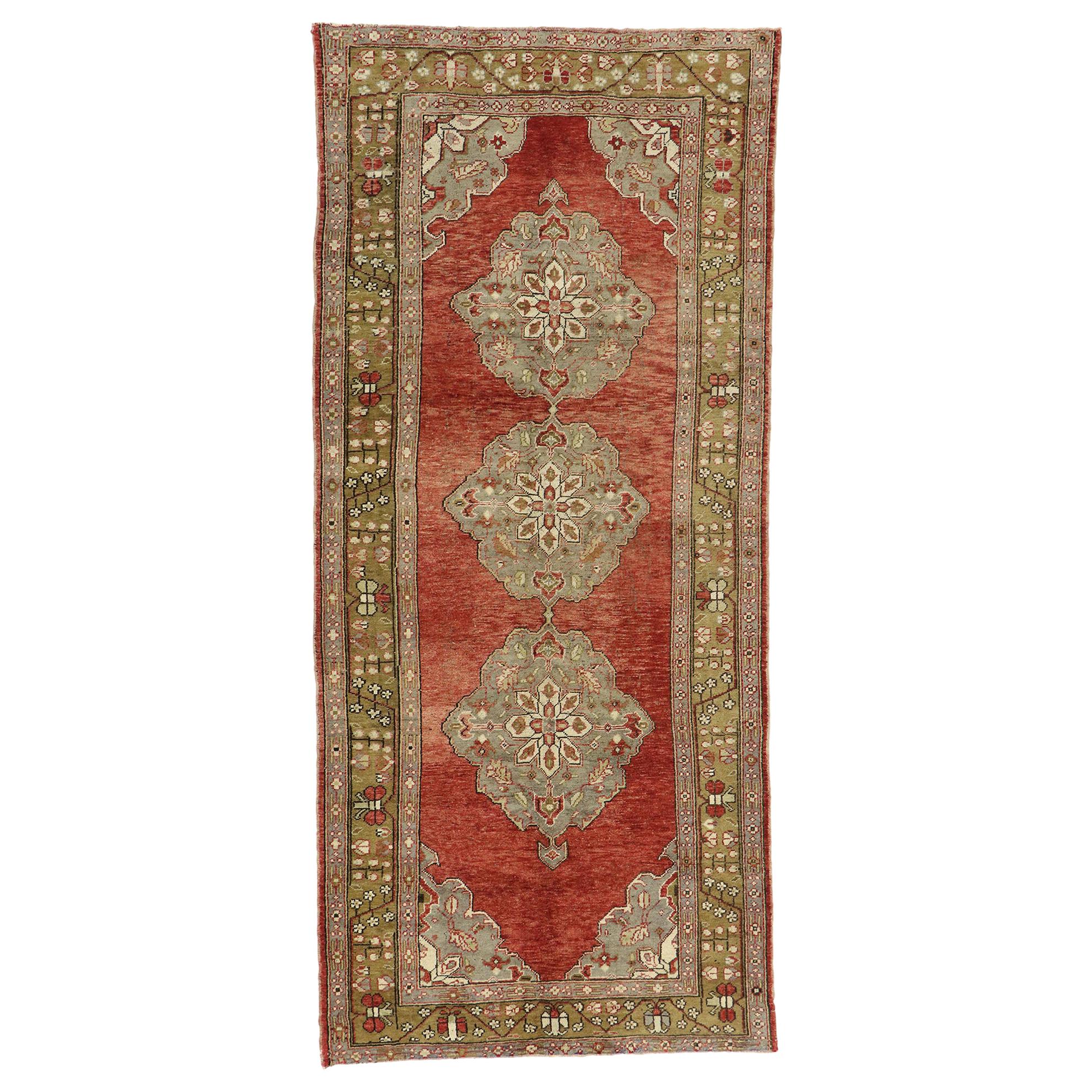 Vintage Turkish Oushak Gallery Rug with Rustic Jacobean Style, Wide Runner For Sale