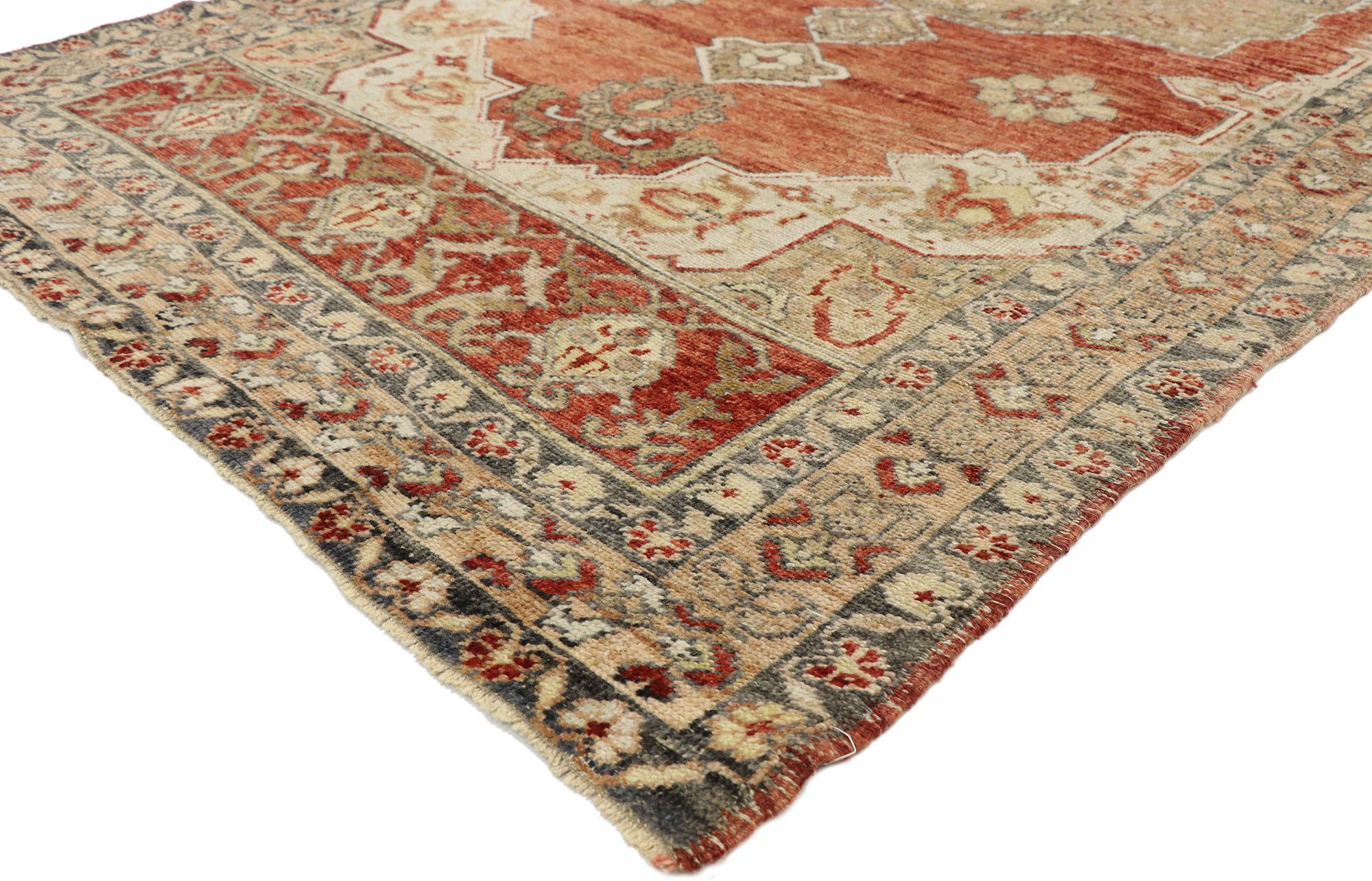52980, vintage Turkish Oushak gallery rug with rustic Spanish colonial style 04'11 x 11'02. With its timeless design and warm earth-tone colors, this hand knotted wool vintage Turkish Oushak gallery rug astounds with its beauty. The abrashed red