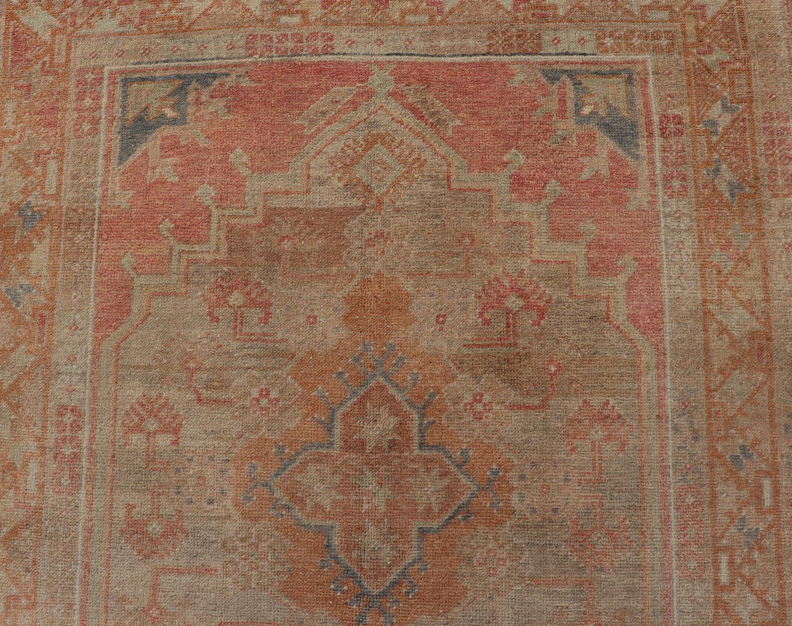 Vintage Turkish Oushak Gallery Rug with Tribal Medallion Design Variegated Red For Sale 3