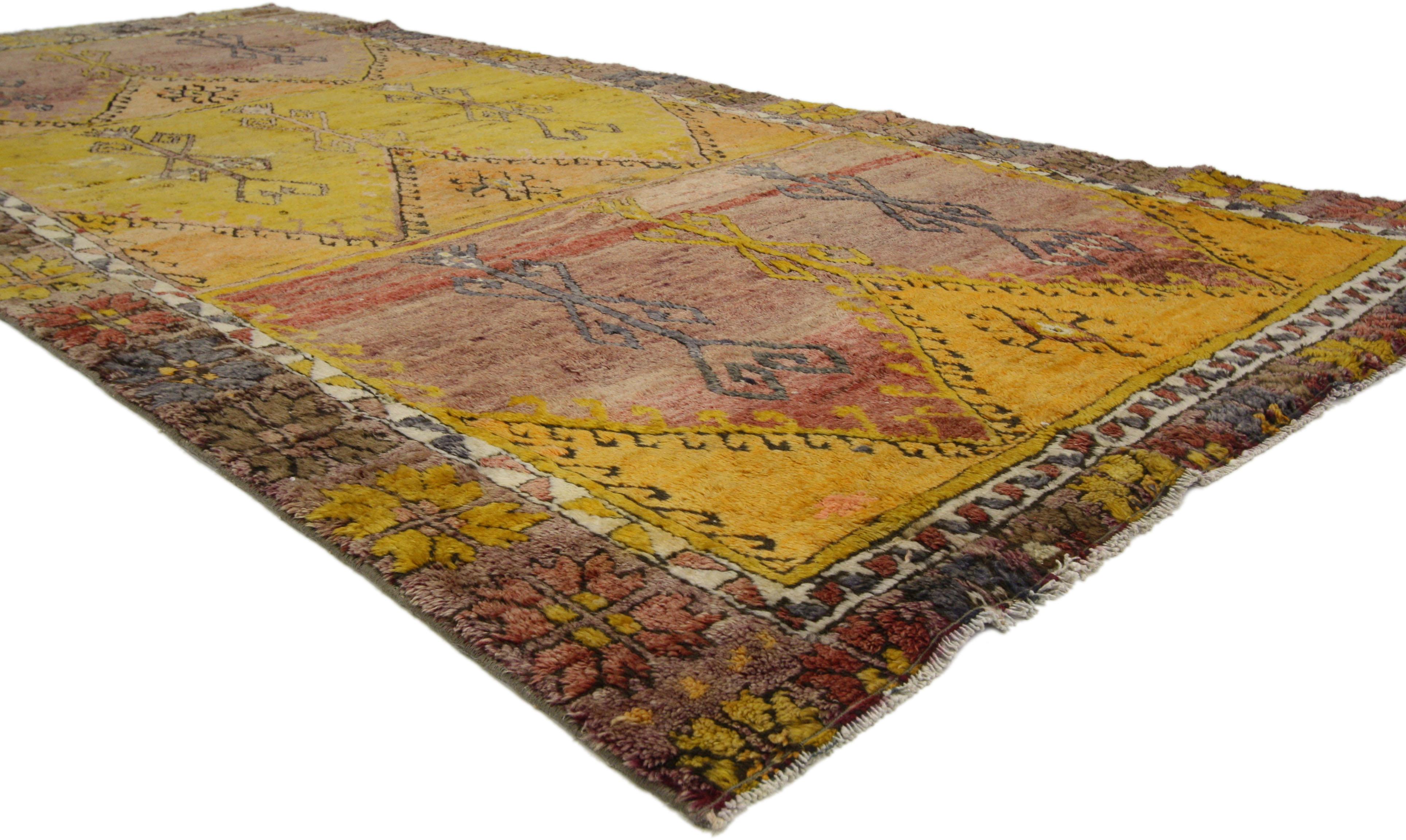 Hand-Knotted Vintage Turkish Oushak Gallery Rug with Tribal Style, Wide Hallway Runner For Sale