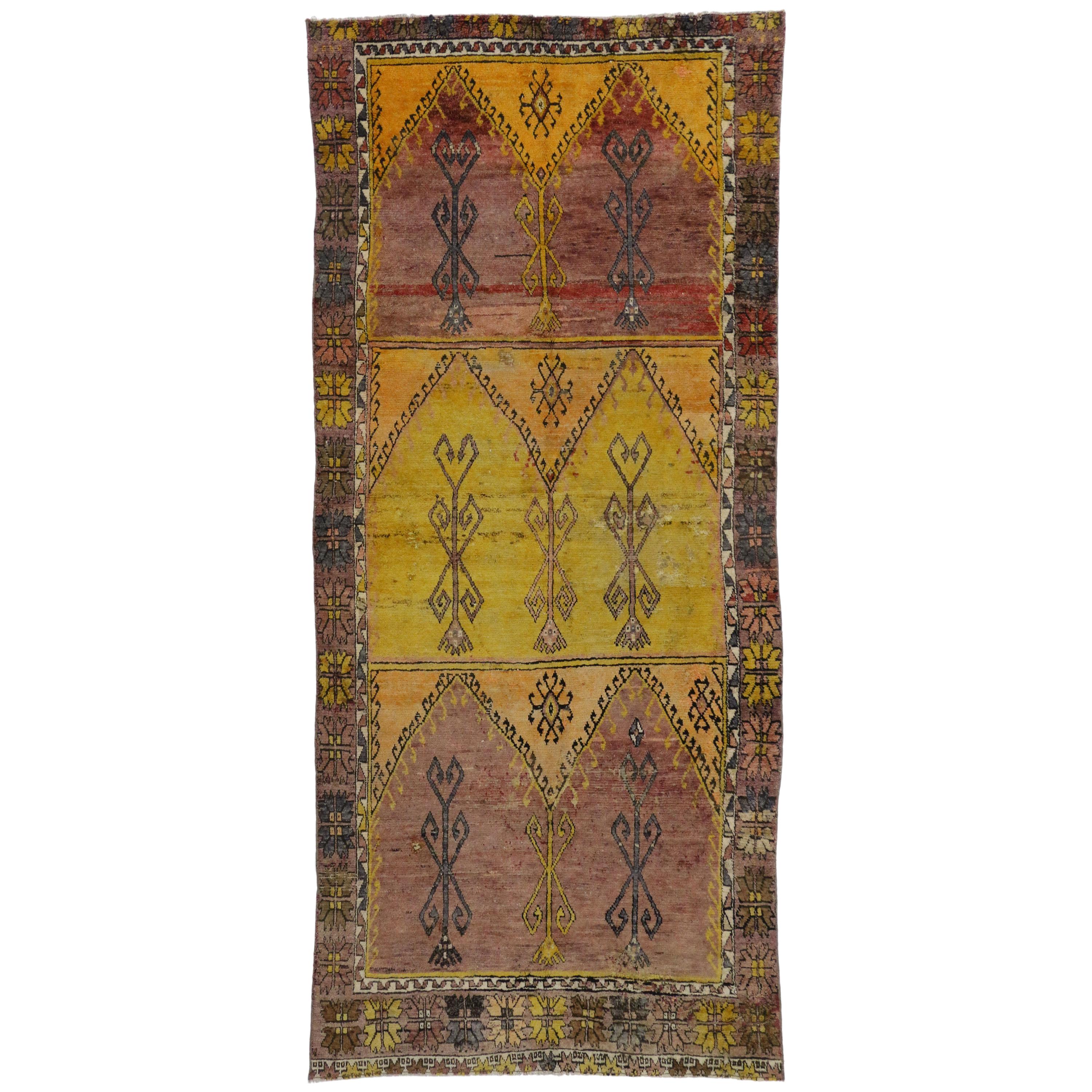 Vintage Turkish Oushak Gallery Rug with Tribal Style, Wide Hallway Runner For Sale