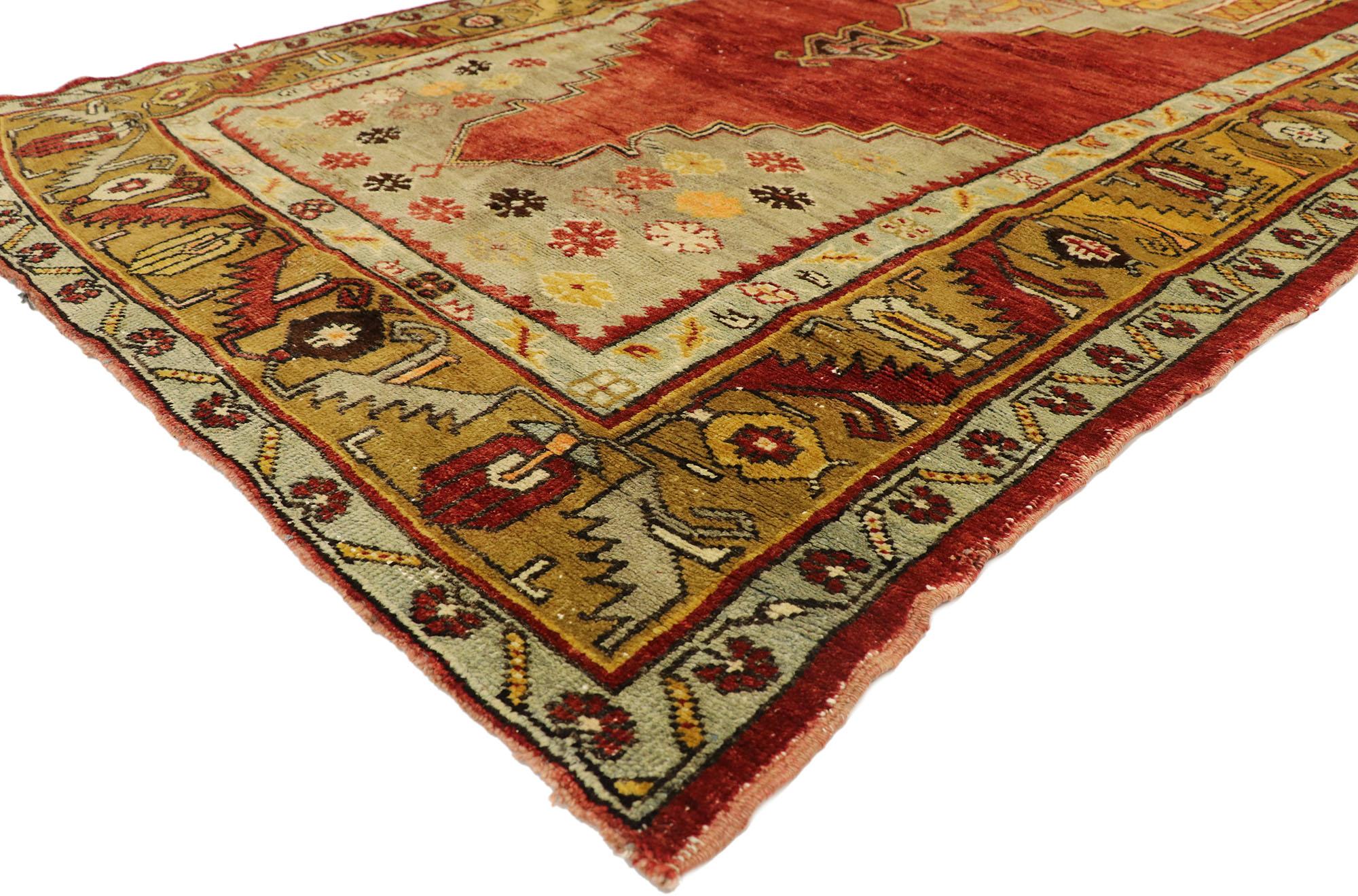 51716, vintage Turkish Oushak Gallery Rug with Tudor Style, Wide Hallway Runner 04'08 x 12'01. Rustic and refined, this hand knotted wool vintage Turkish Oushak gallery rug features a large stepped hexagonal medallion with anchor pendants floating