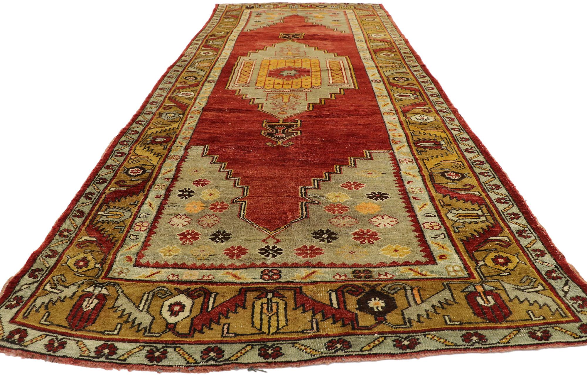Hand-Knotted Vintage Turkish Oushak Gallery Rug with Tudor Style, Wide Hallway Runner For Sale